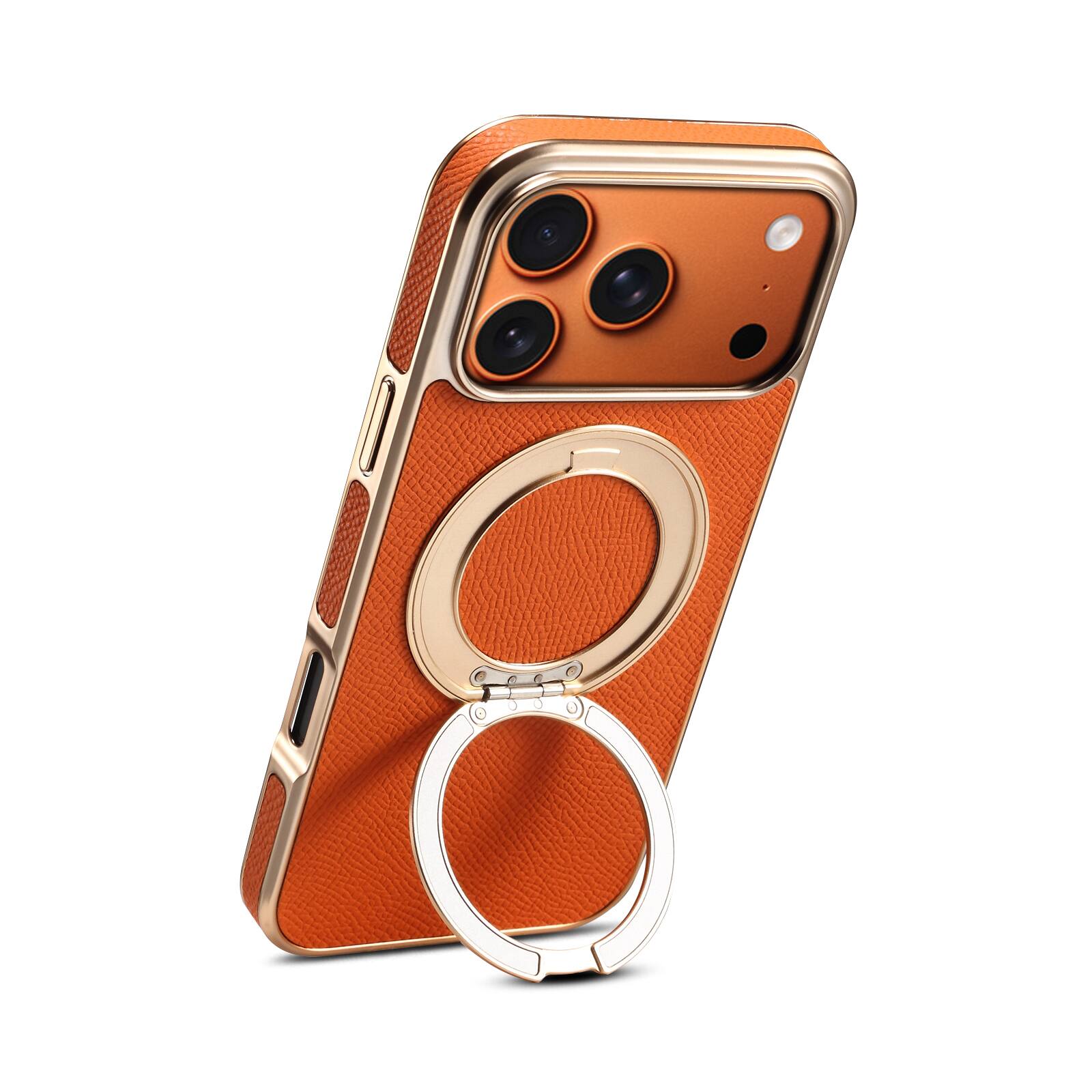 Angle. Dteck - for Apple iPhone 17 Pro Magnetic Case,Slim PU Leather Texture Cover with Metal Ring Holder,Shockproof Non-Slip Cover - Orange.
