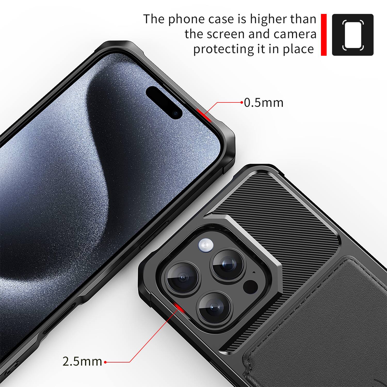 The phone case is higher than the screen and camera protecting it in place.  
0.5mm  
2.5mm