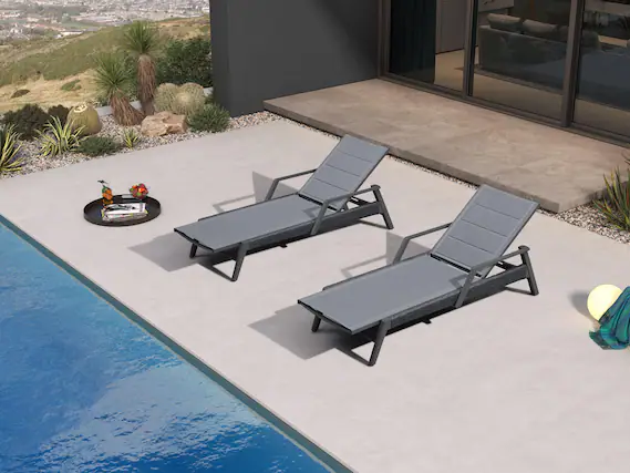 Front. PURPLE LEAF - Outdoor Chaise Lounge 2 Pieces Patio Recliner Sunbathing Tanning Chair for Poolside Balcony with Armrests Backyard - Grey & With Armrest-Texilene.