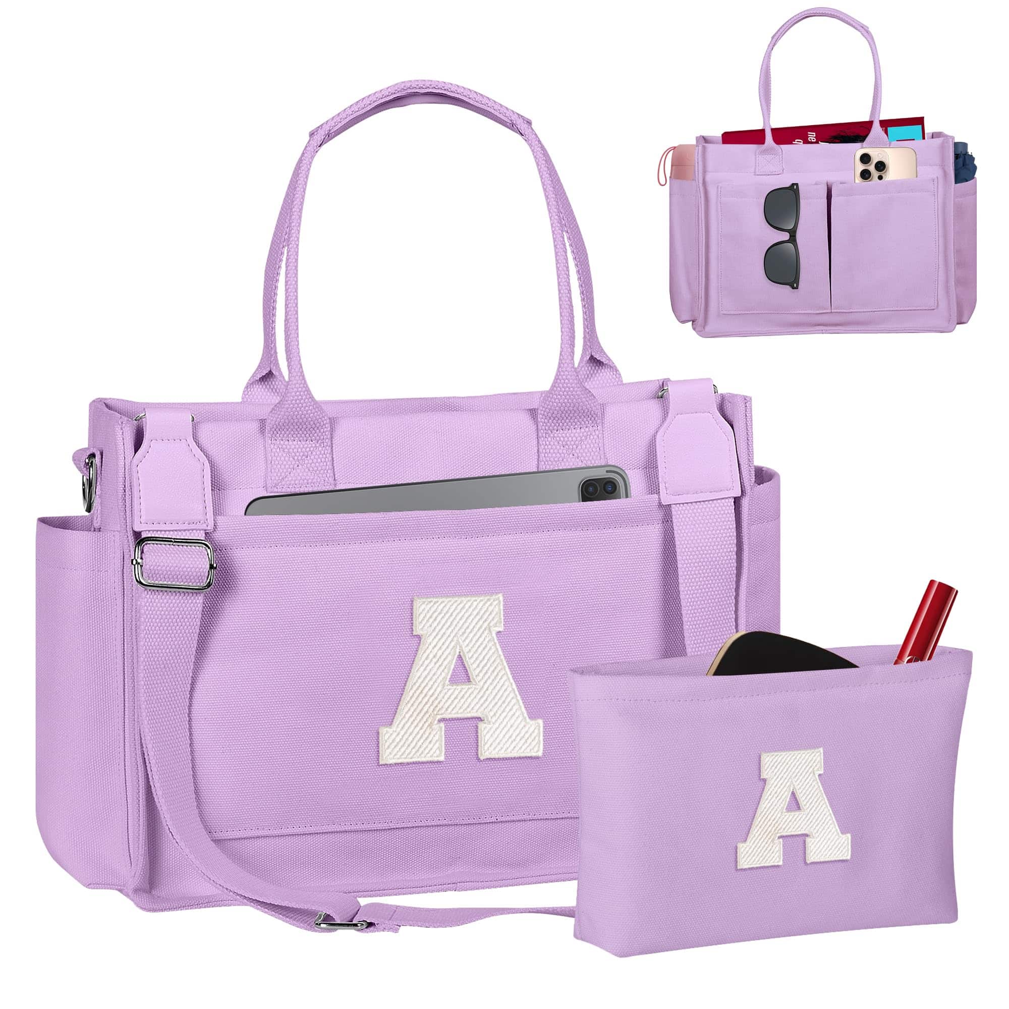 DORLUKFU - Birthday Gifts for Women Teen Girls, Initial Tote Bag with Zipper, Letter Canvas Tote Purse for College Work Laptop - Lavender