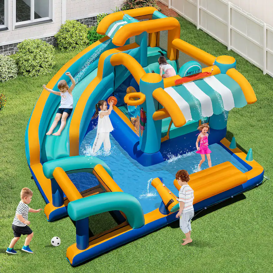 Costway Inflatable Water Park with Market Stand Climbing Wall ...
