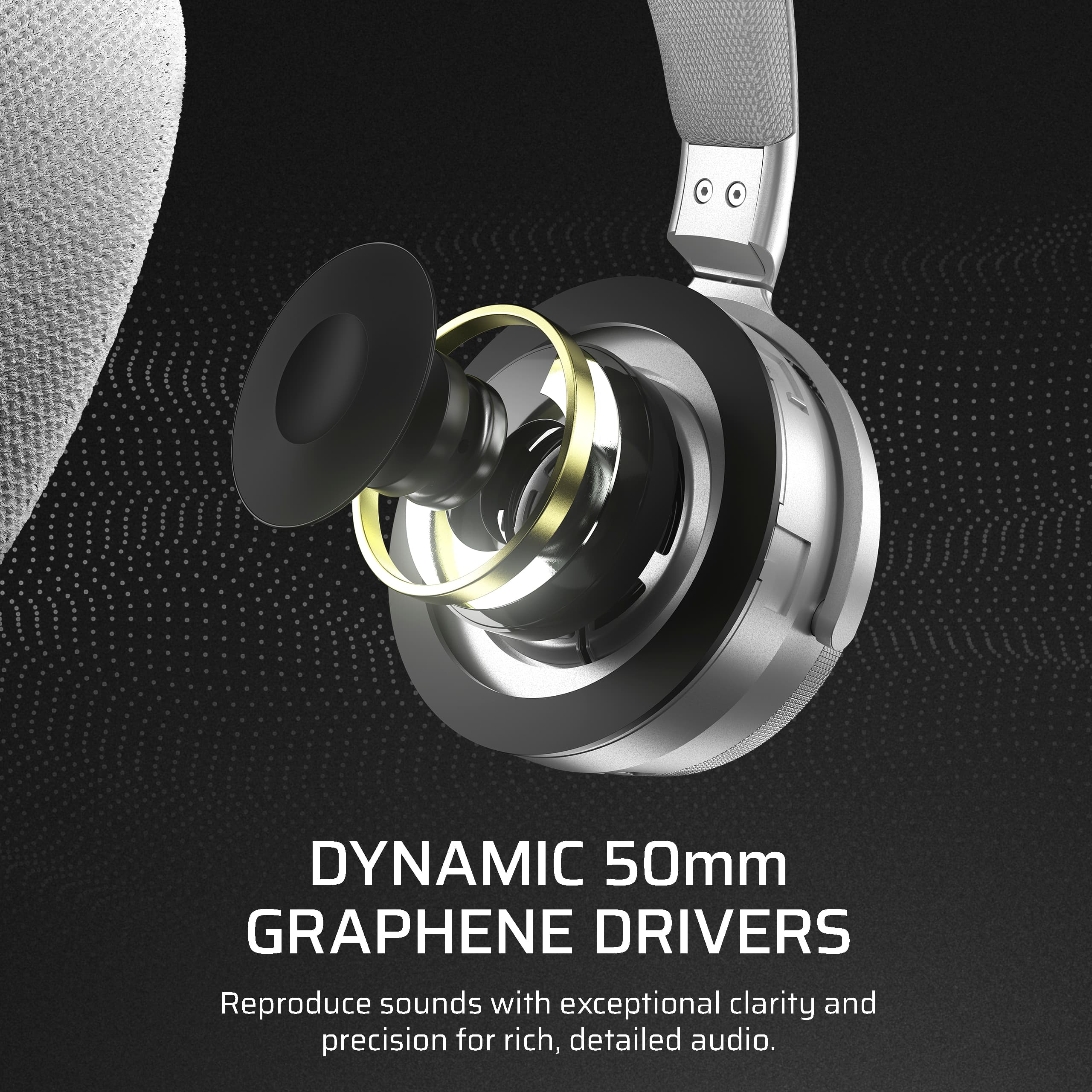 The text on the image reads: "DYNAMIC 50MM GRAPHENE DRIVERS Reproduce sounds with exceptional clarity and precision for rich, detailed audio."