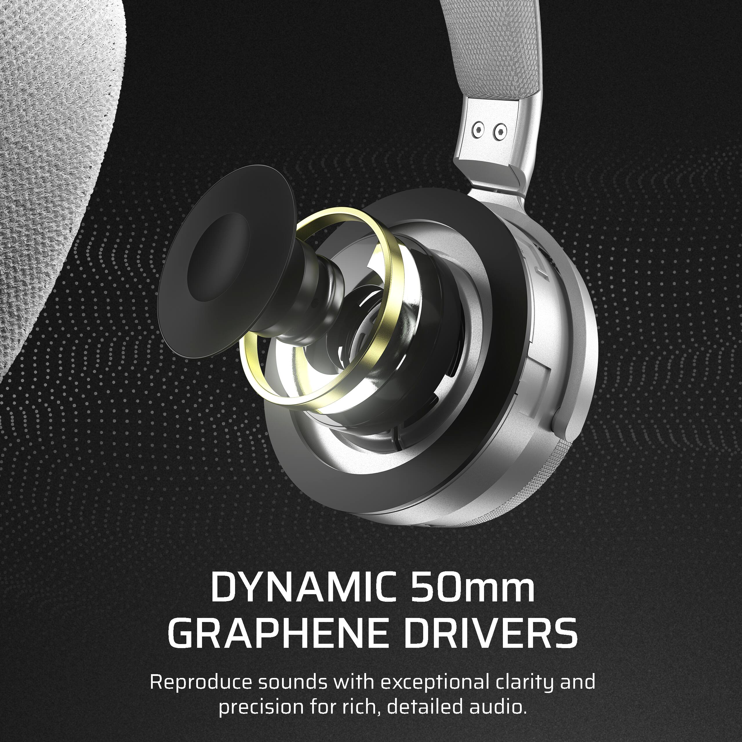 The text on the image reads: "DYNAMIC 50MM GRAPHENE DRIVERS Reproduce sounds with exceptional clarity and precision for rich, detailed audio."