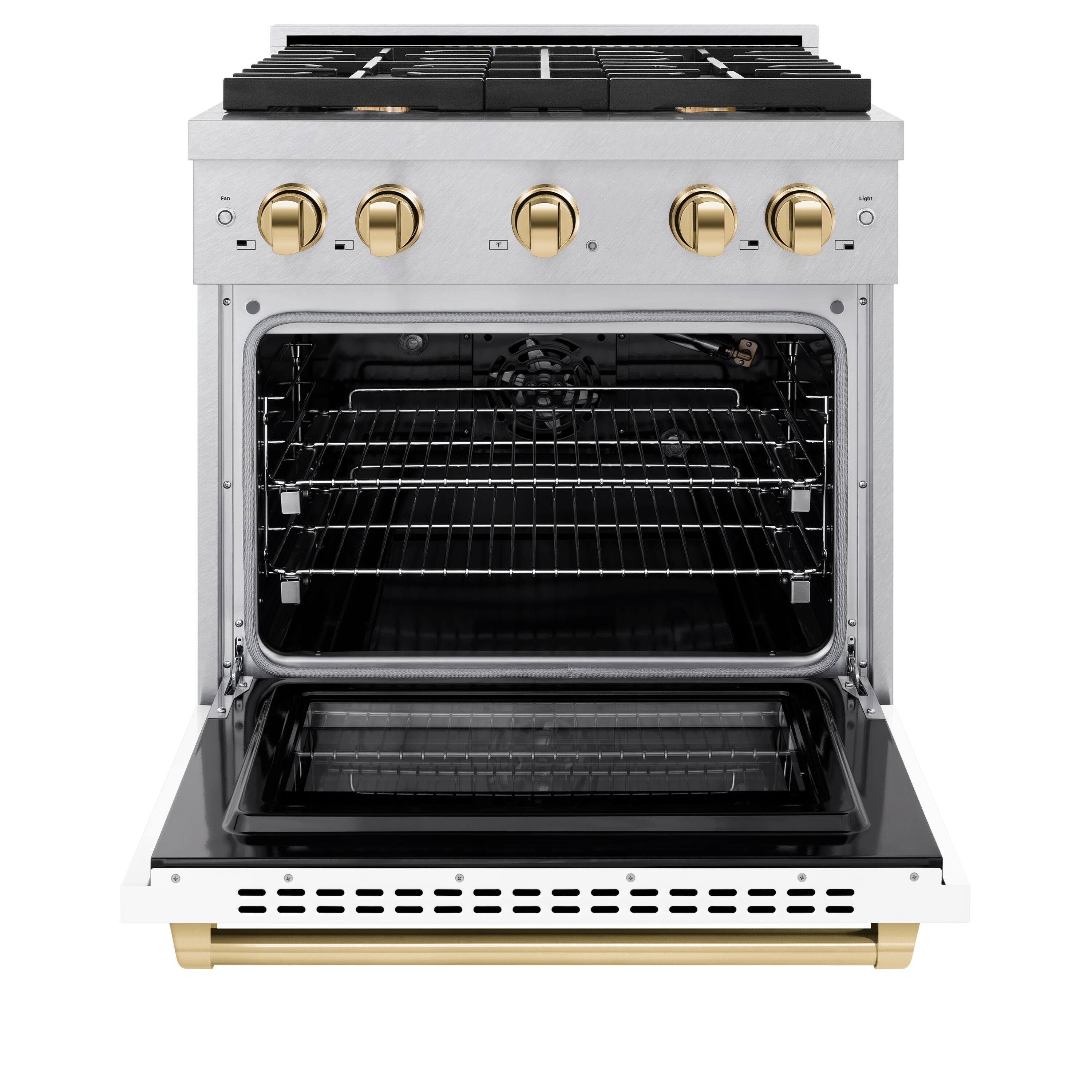 Angle. ZLINE - ZLINE Autograph 30 in. Paramount Satin Steel Gas Range with Gold Accents (SGRSZ-WM-30-G) - White Matte.