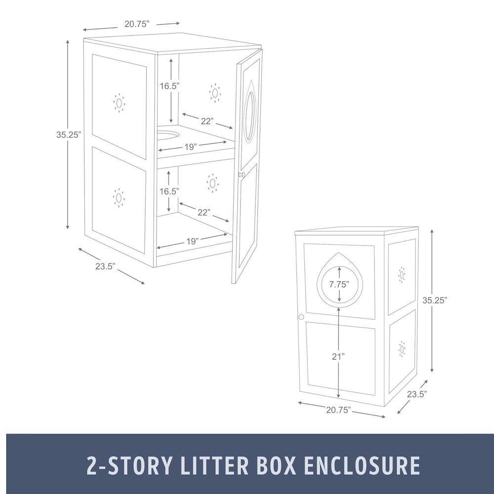 20.75" 35.25"  
16.5" 22" 19"  
16.5" 22" 19" 23.5"  
7.75" 35.25" 21" 23.5" 20.75"  
2-STORY LITTER BOX ENCLOSURE
