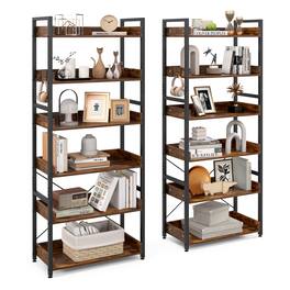 Costway - 2 PCS 6-Tier Bookshelf Open Display Shelves Storage Rack Metal Frame with 4 Hooks - Rustic Brown,Black