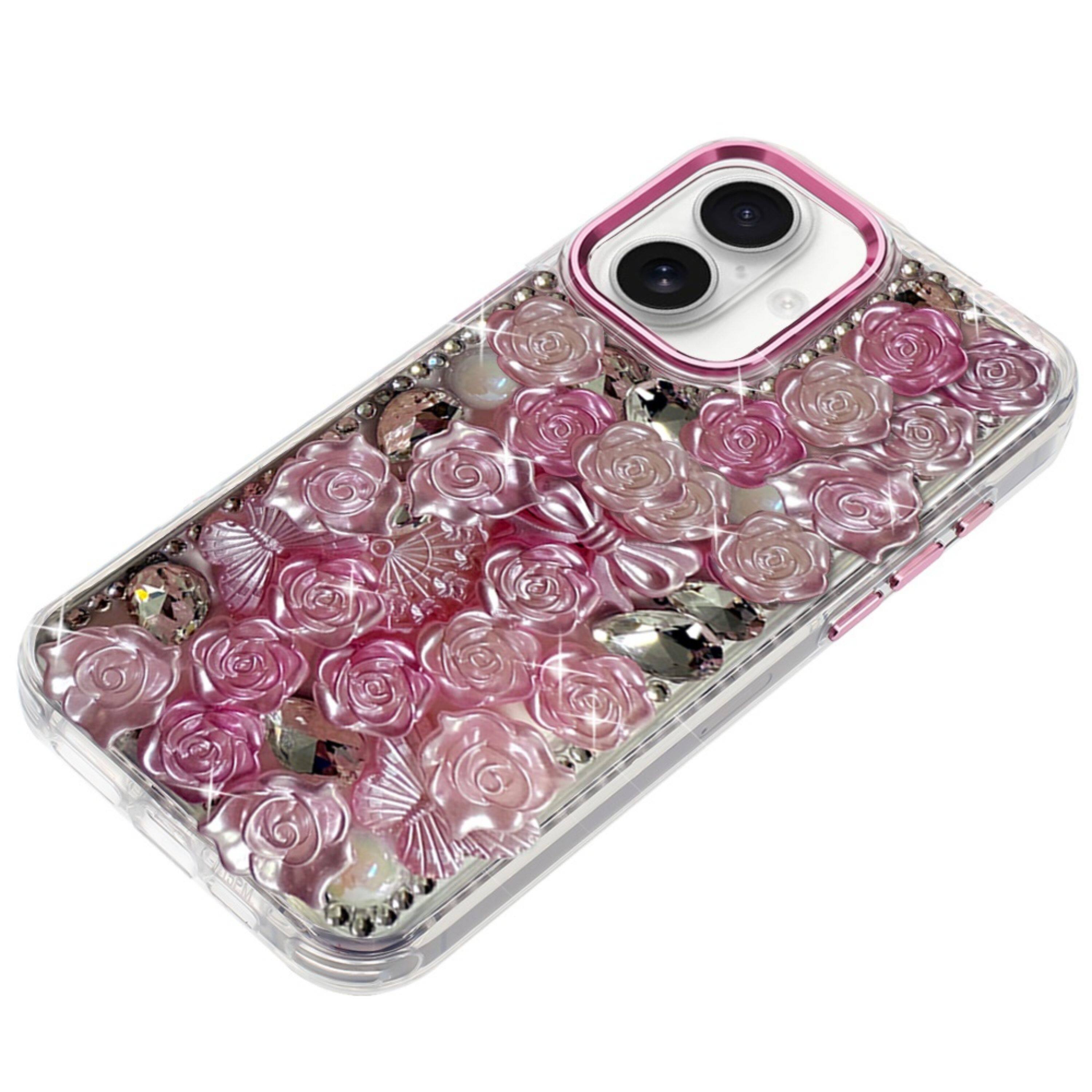 Angle. Kitcheniva - 3D Rose Bling Case With Tempered Glass For iPhone 17 Pink - Pink.