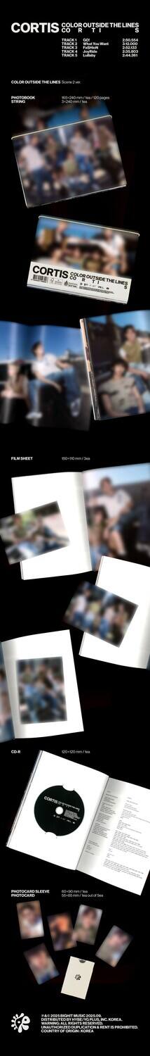 CORTIS  
COLOR OUTSIDE THE LINES  
CORTIS  

TRACK 1  
GO!  
2:50.554  

TRACK 2  
First You Want  
2:52.133  

TRACK 3  
F3464  
2:55.803  

TRACK 4  
JoyRide  
2:44.361  

TRACK 5  
Lumby  
2:44.361  

COLOR OUTSIDE THE LINES Scene 2 ver.  

PHOTOBOOK STRING  
150-240 mm / Tea / 100 pages  

FILM SHEET  
150-170 mm / 3ea  

CD-R  
150-170 mm / 1ea  

PHOTOCARD SLEEVE  
60-90 mm / Tea  
50-80 mm / Tea out of 5ea  

PHOTOCARD  

DISTRIBUTED BY HYGE PLUS, INC. KOREA.  
UNAUTHORIZED DUPLICATION & RENT IS PROHIBITED.  
COUNTRY OF ORIGIN: KOREA  

© 2025 SIGHT MUSIC 2