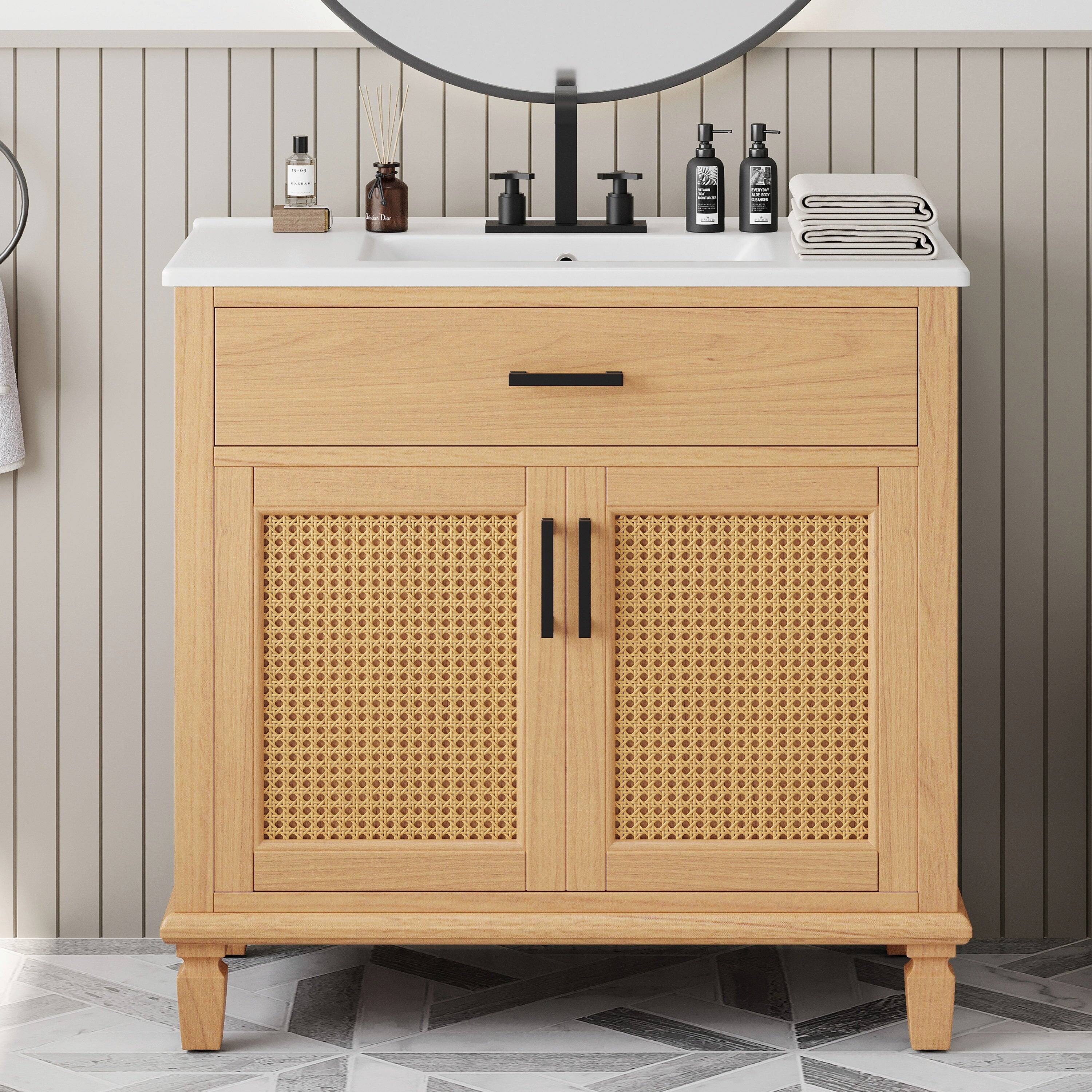 Alt View 7. Boyel Living - 36 Inch Rattan Bathroom Vanity with Ceramic Sink Soft Close Doors and Drawers Solid Wood Legs - Natural.