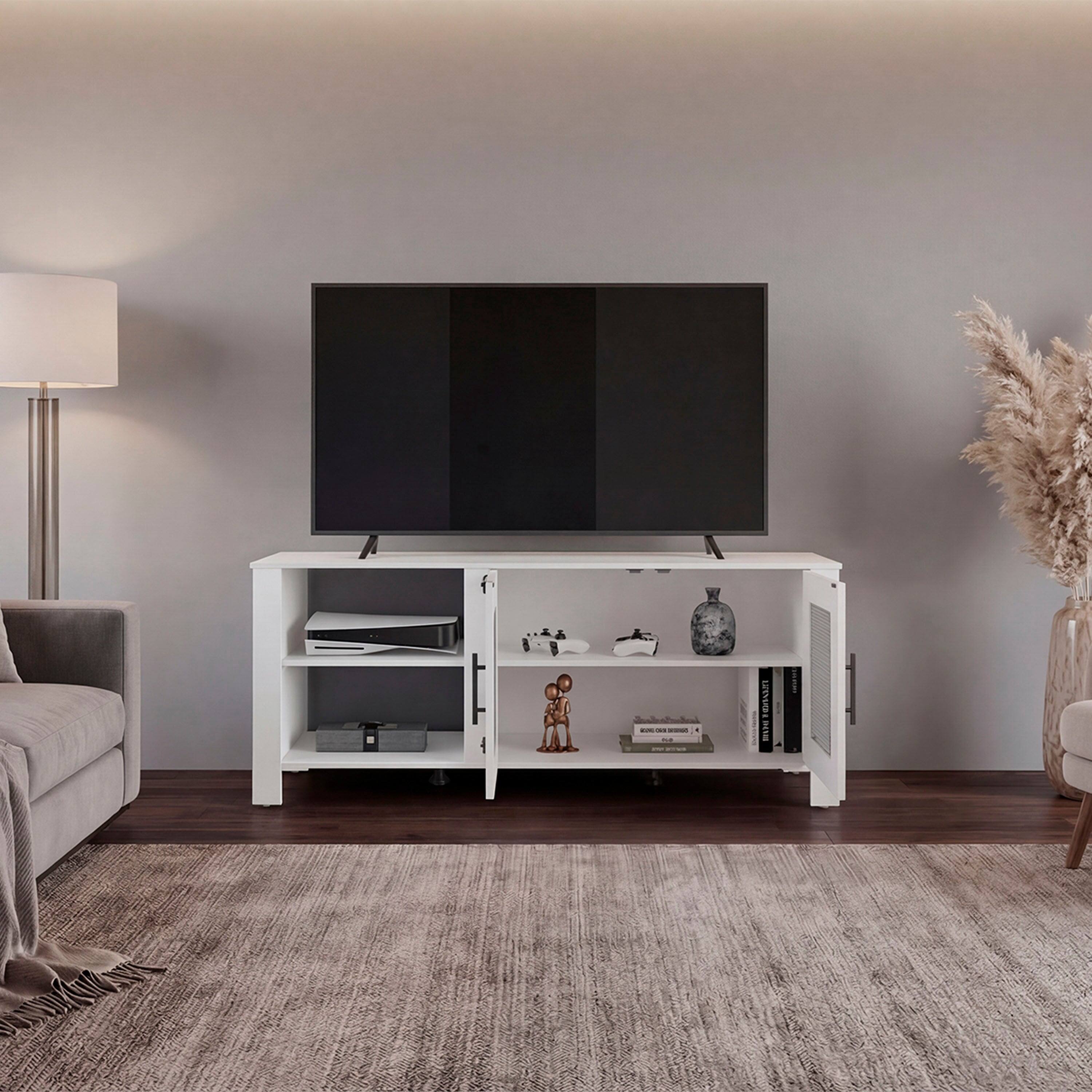 Angle. TuHome - Modern Farmhouse TV Stand with 2-Door Cabinet and Open Shelves, Fits TVs up to 70inch - White.