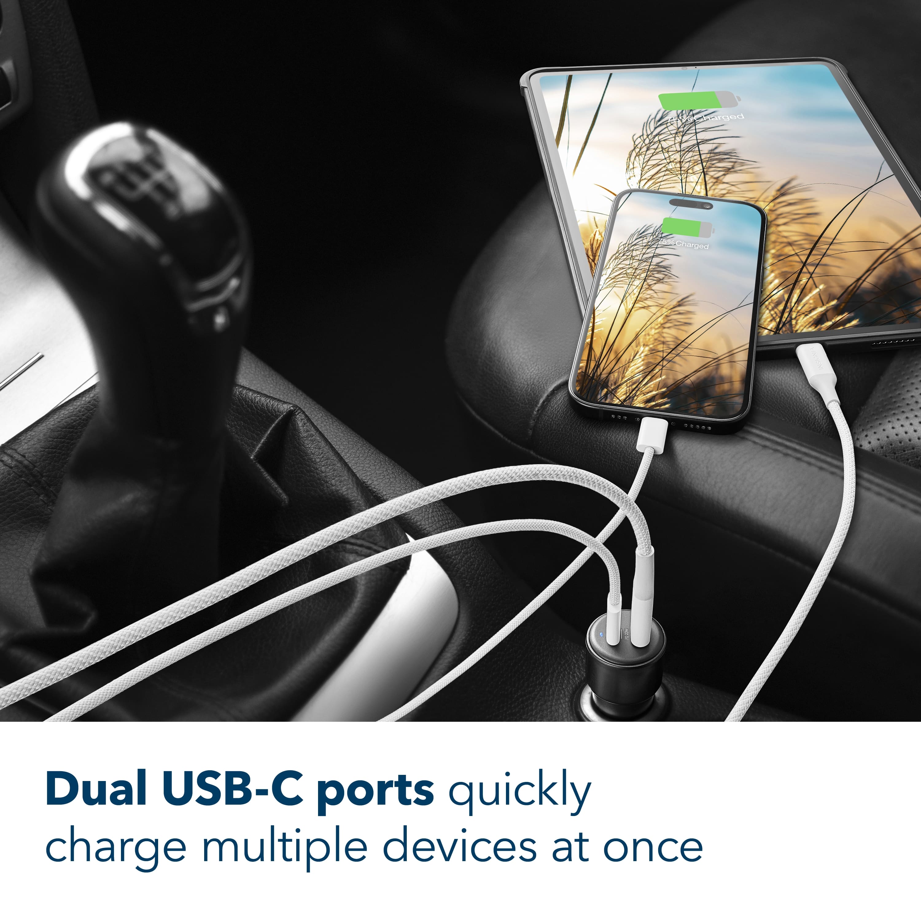 Dual USB-C ports quickly charge multiple devices at once.
