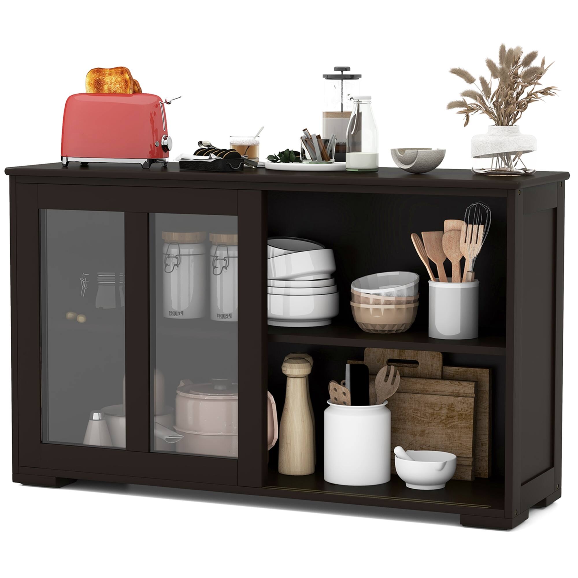 Alt View 7. Costway - 2-Door Stackable Buffet Sideboard Set of 2 with Sliding Tempered Glass Doors - Coffee.