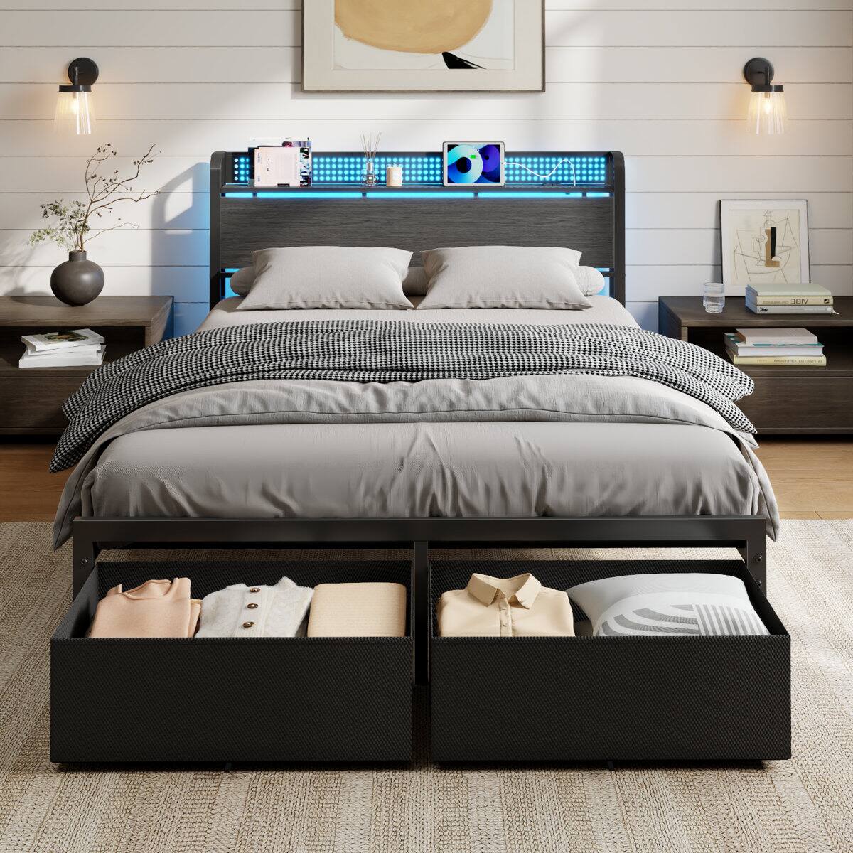 Alt View 1. Furnulem - Bed Frame with 2 Underbed Drawers and Open Storage Headboard Adjustable LED Light and Charging Station - Brown.