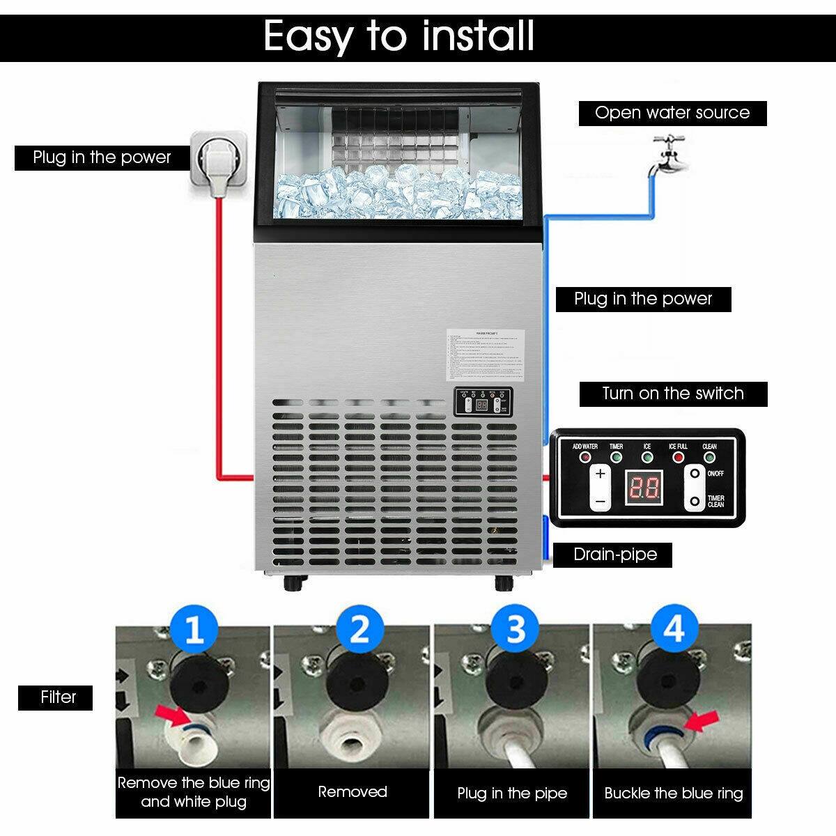 Easy to install
Open water source
Plug in the power
Plug in the power
Turn on the switch
Drain-pipe
1. Filter
2. Remove the blue ring and white plug
3. Removed
4. Plug in the pipe
Buckle the blue ring