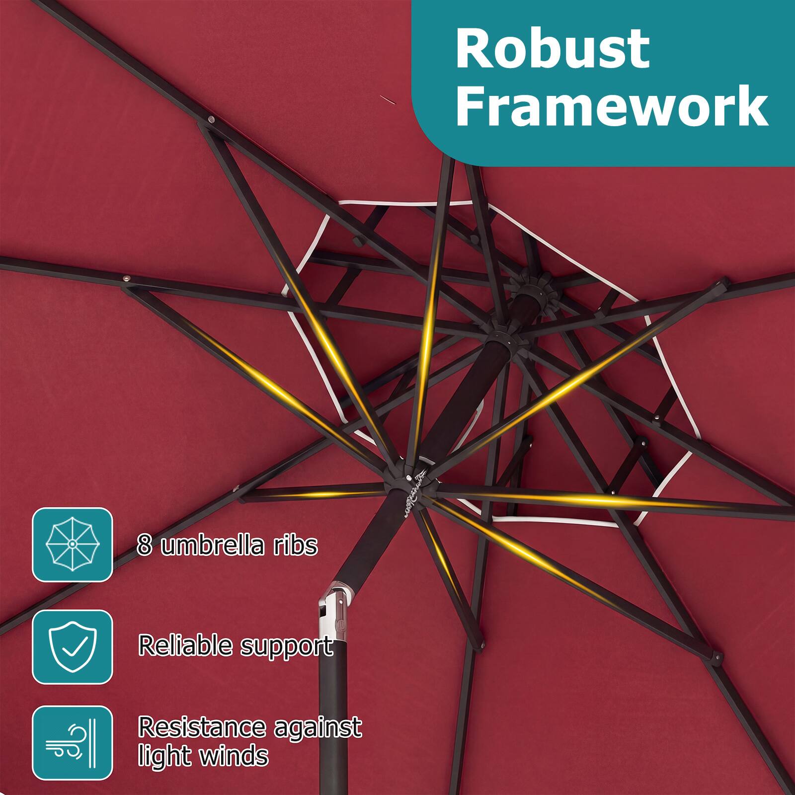 Robust Framework

- 8 umbrella ribs
- Reliable support
- Resistance against light winds