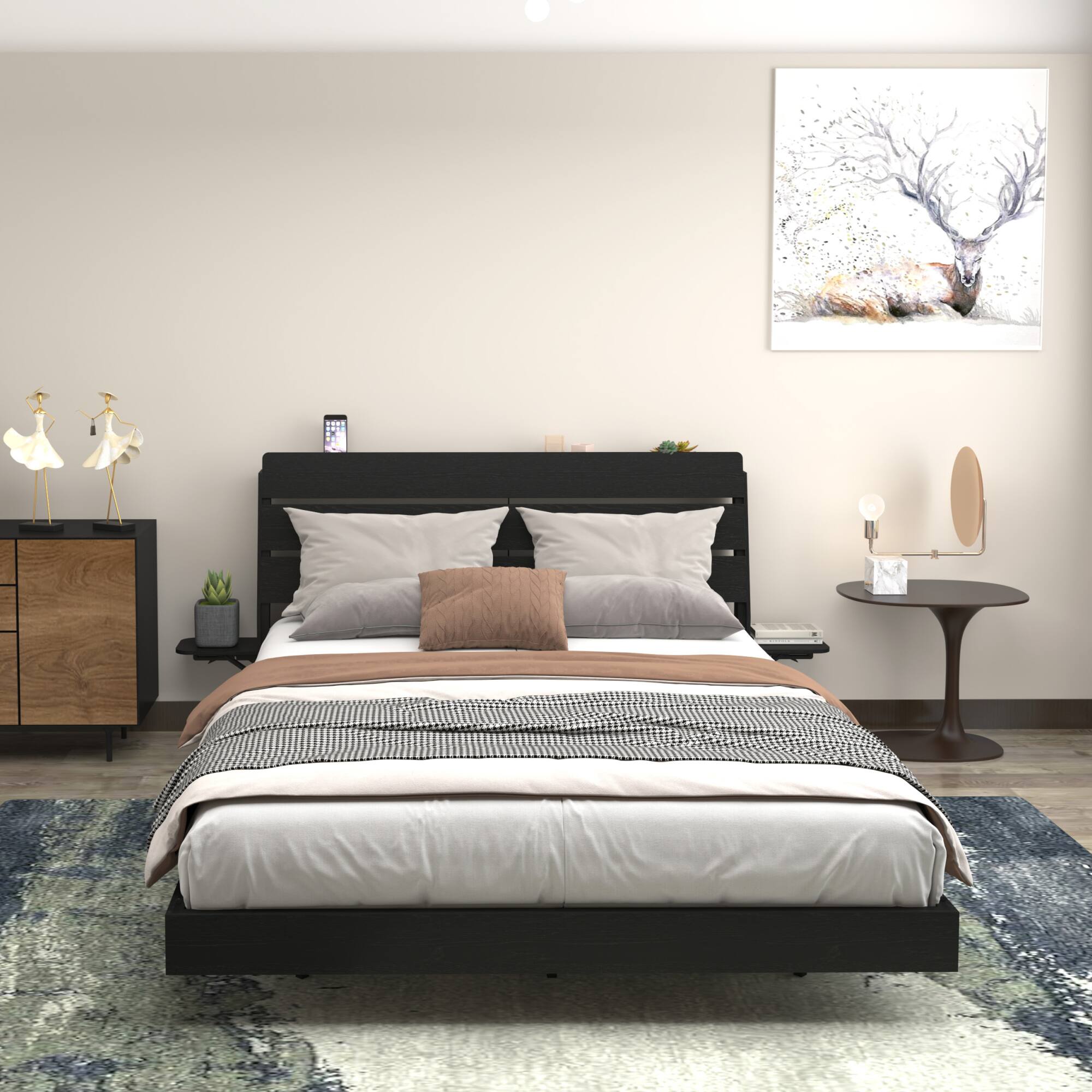 Alt View 1. GOODSILO - Queen Size Floating Bed Frame with LED Lights and Storage Headboard, Includes Charging Station and Easy Assembly Design - Black.