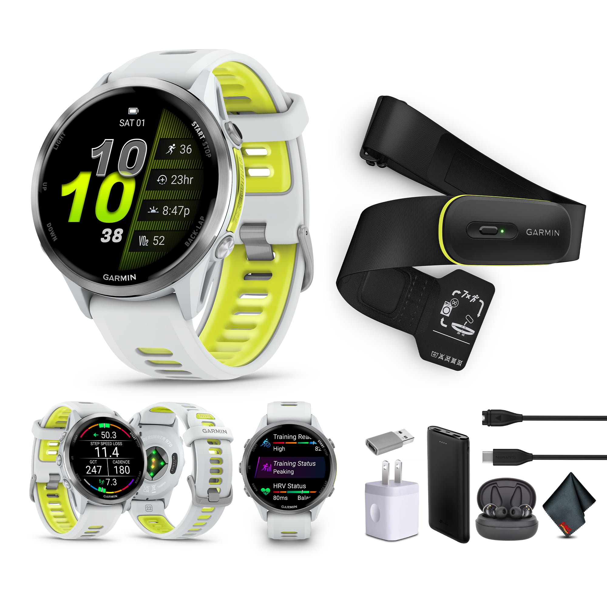 Garmin - Forerunner 970, Whitestone/Amp Yellow​​ , Air Pro Truly Wireless EarBuds - Whitestone/Amp Yellow - (2024)