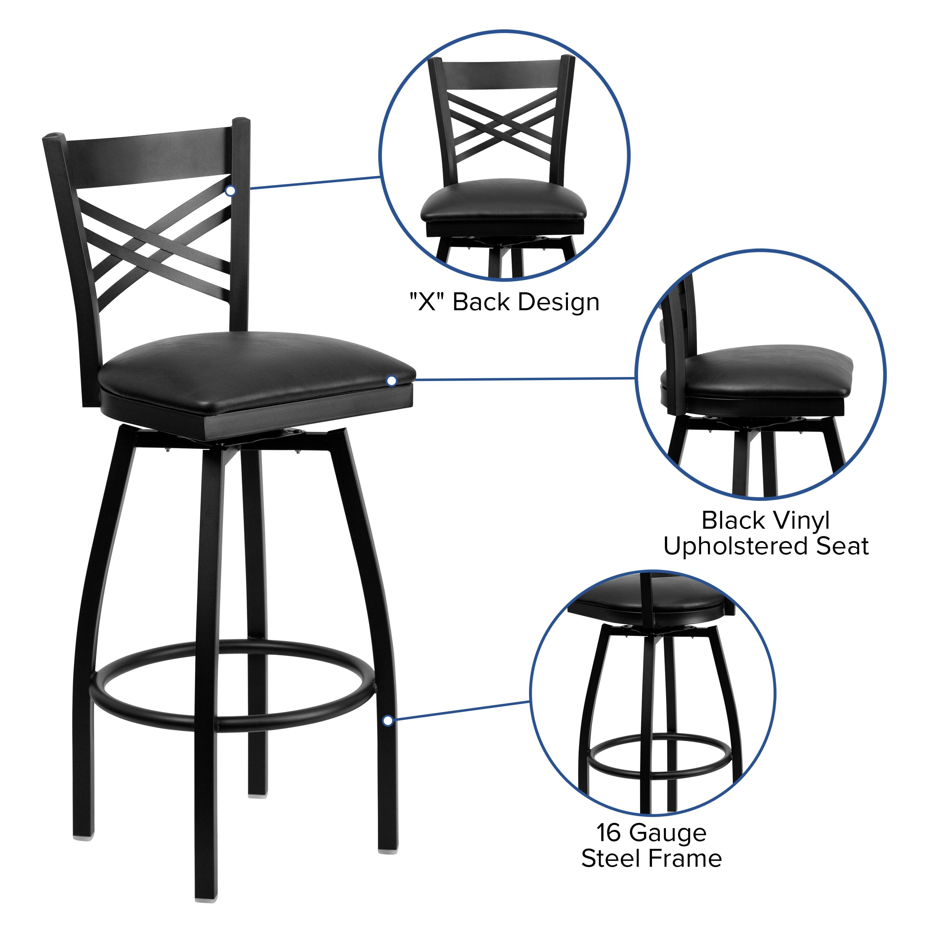 "X" Back Design  
Black Vinyl Upholstered Seat  
16 Gauge Steel Frame