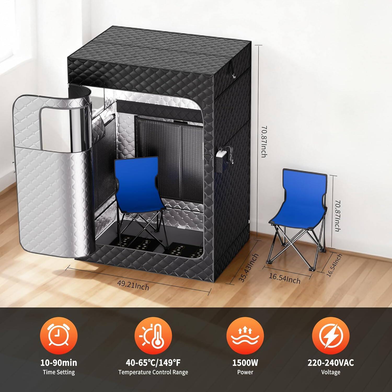 - Dimensions: 70.87 Inch (Height) x 49.21 Inch (Width) x 35.43 Inch (Depth) x 16.54 Inch (Height of Door)
- Features:
  - 10-90min Time Setting
  - 40-65°C/149°F Temperature Control Range
  - 1500W Power
  - 220-240VAC Voltage