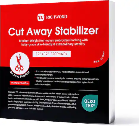 RICHWORD Cut Away Stabilizer
Medium Weight Non-woven embroidery backing with baby-grade skin-friendly & extraordinary stability
12" X 12" 100Pcs/Pk
Class A+ 2.5oz
Economically priced with OEKO-TEX Certification, super skin and Cut Stabilizer environmental friendly.
Provide great permanent stability for business ensuring orders' consistency.
Ideal for unstable and knit fabrics with 0 methanal / Acid complicated and higher details Free embroidery designs.
Richword 2.5oz Cut Away Stabilizer is higher quality. medium weight for use with medium stitch counts and medium density designs, work well with one or two pieces for fabrics and different machines.
Perfectly use with fleece, knits and other unstable and fabrics for your own business stretchy or hobby.
0 formaldehyde. 0 harmful substances added, passed the global OEKO-TEX test and certification, baby-level skin-friendly and give your fabrics and orders the best healthy support.
OEKO TEX