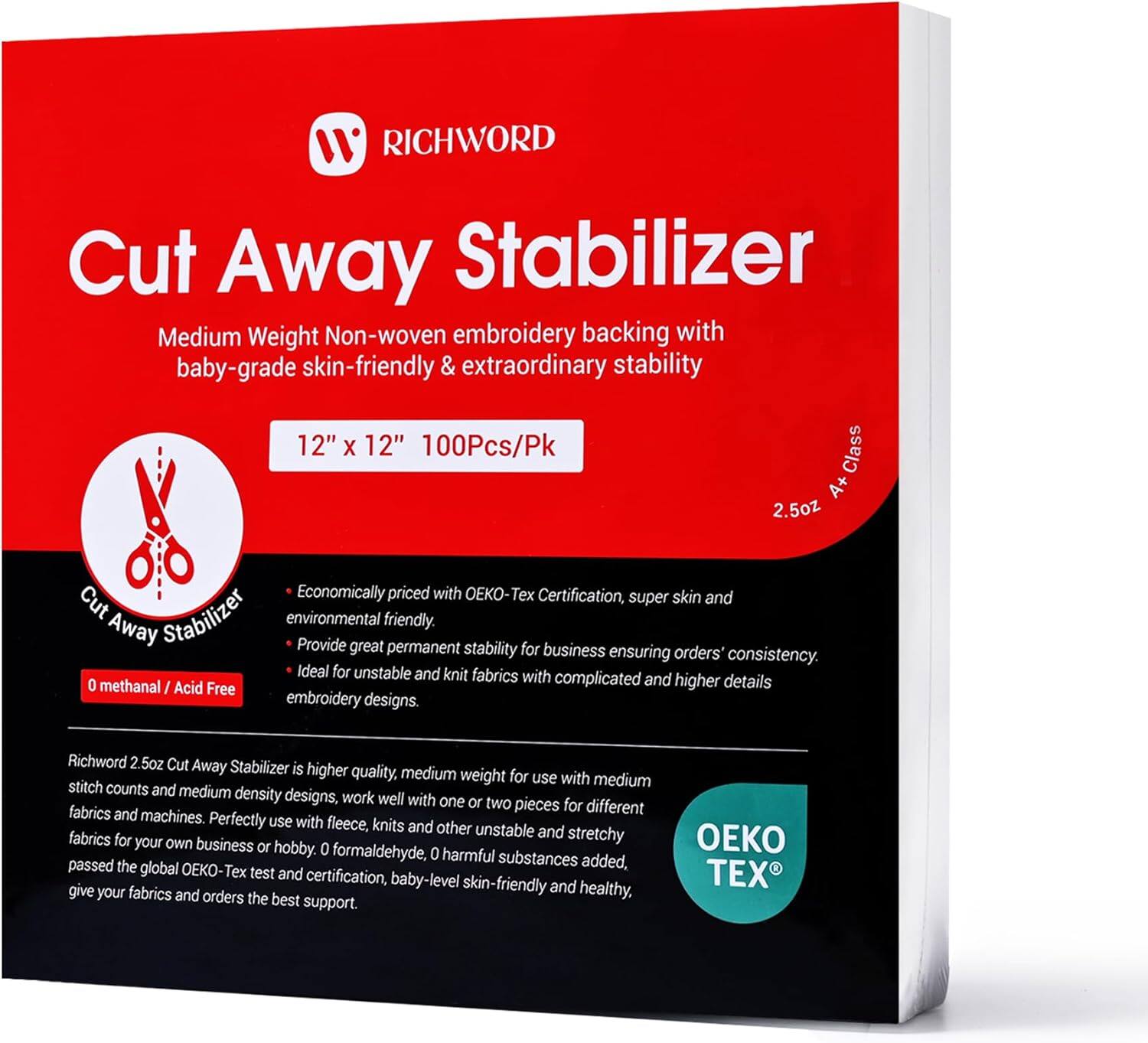 Poolin - Richword Cutaway Embroidery Backing 12X12in 100 Sheets 2.5Oz Medium Weight Embroidery Stabilizer for Embroidery Machine