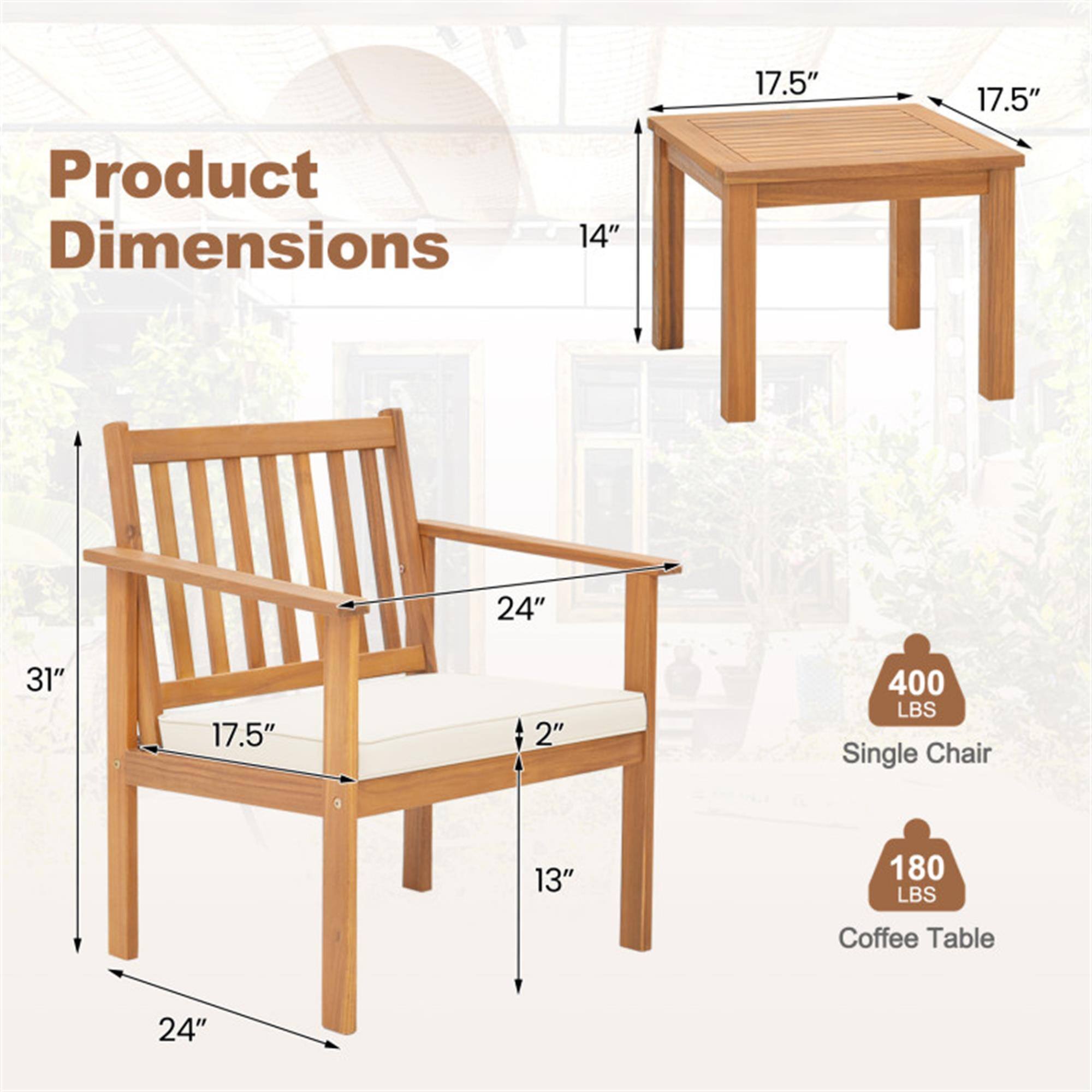 Product Dimensions

- Single Chair: 14" x 17.5" x 17.5" x 24" x 31" x 2" (400 LBS)
- Coffee Table: 14" x 17.5" x 17.5" (180 LBS)