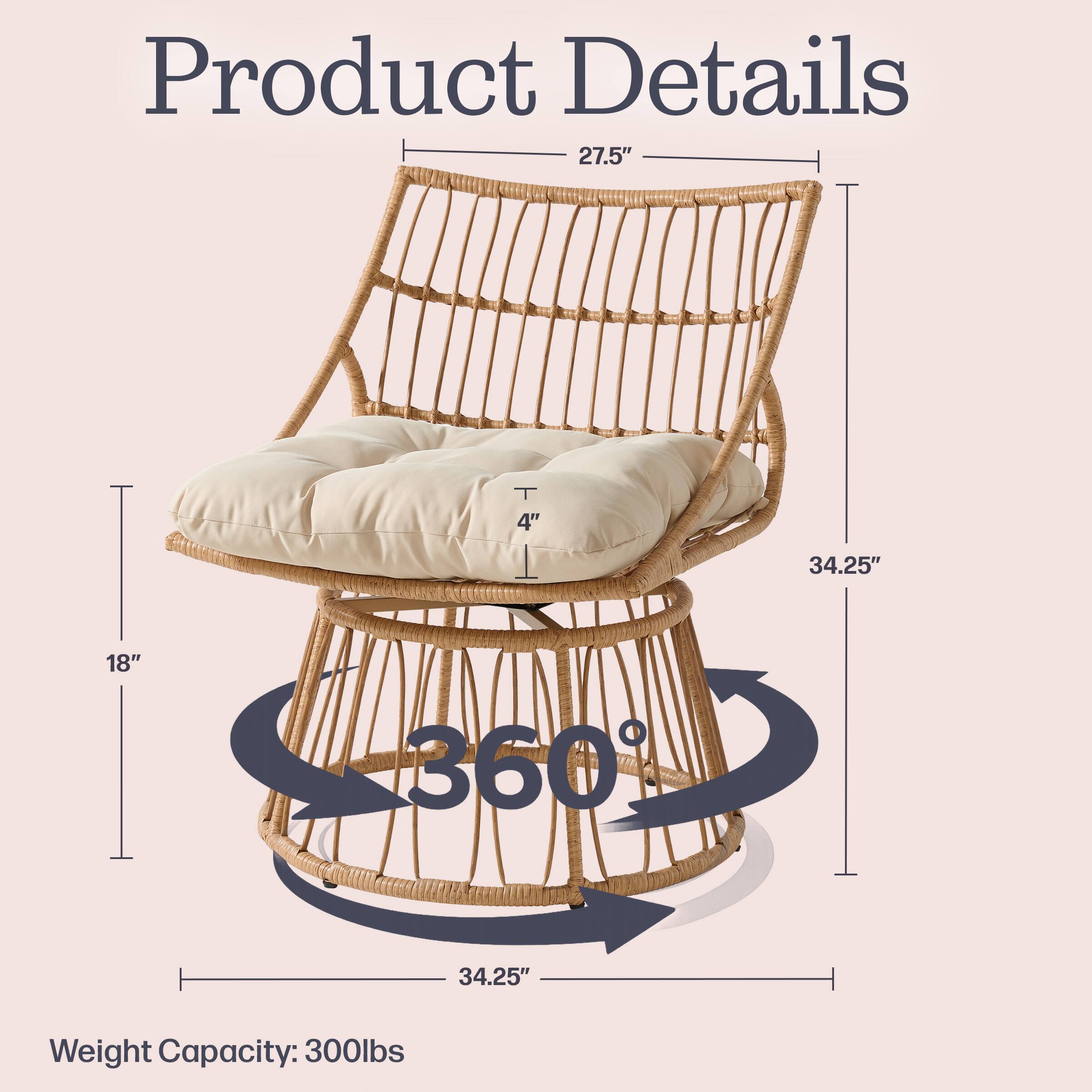 Product Details

- Height: 27.5"
- Depth: 34.25"
- Width: 34.25"
- Seat Height: 18"
- Seat Depth: 4"
- Swivel: 360°
- Weight Capacity: 300lbs