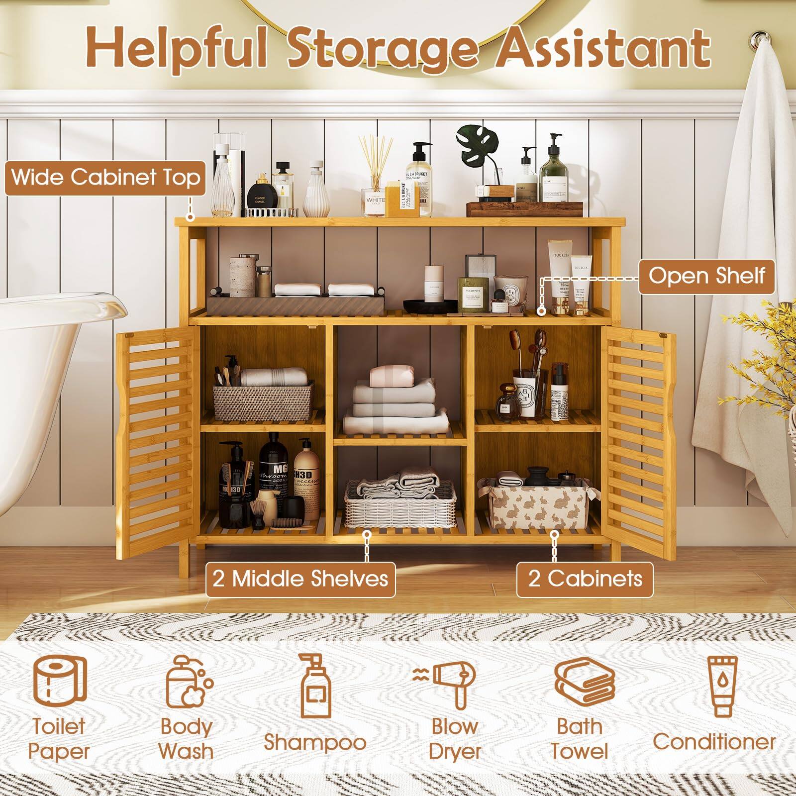 Helpful Storage Assistant Wide Cabinet Top WP - Open Shelf 9 ME bee 3 2 Middle Shelves 2 Cabinets Toilet Paper Body Wash Shampoo Blow Dryer Bath Conditioner Towel