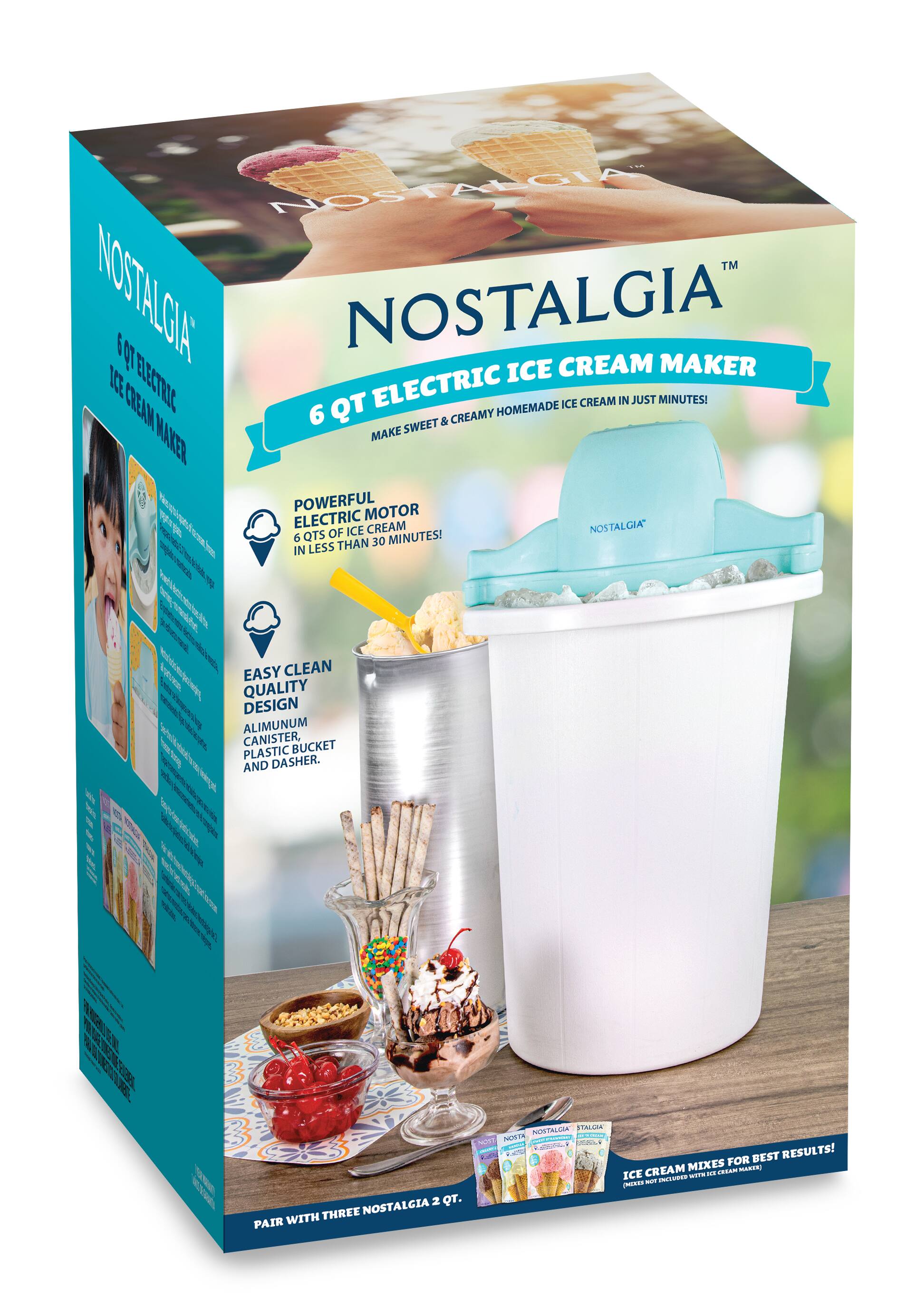 Nostalgia™ 6 QT Electric Ice Cream Maker  
Make sweet & creamy homemade ice cream in just minutes!  

Powerful electric motor  
6 QTS of ice cream in less than 30 minutes!  

Easy clean quality design  
Aluminum canister, plastic bucket, and dasher.  

Pair with three Nostalgia 2 QT.  

Ice cream mixes for best results!  
(Mixes not included with ice cream maker)