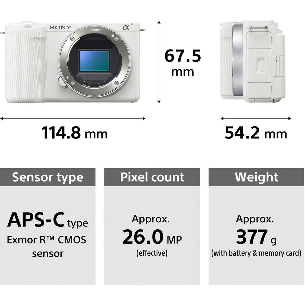 SONY  
E-mount  
67.5 mm  
114.8 mm  
54.2 mm  
Sensor type: APS-C type Exmor RTM CMOS sensor  
Pixel count: Approx. 26.0 MP (effective)  
Weight: Approx. 377 g (with battery & memory card)