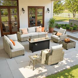 Ovios - 10 PCS Patio Furniture Set Sectional Sofa with Swivel Chair, Coffee Table & 54" Fire Pit Table - Gray
