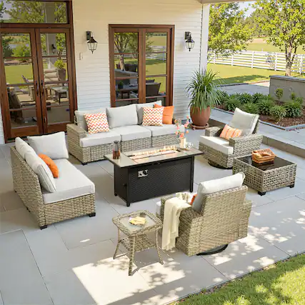 Front. Ovios - 10 PCS Patio Furniture Set Sectional Sofa with Swivel Chair, Coffee Table & 54" Fire Pit Table - Gray.