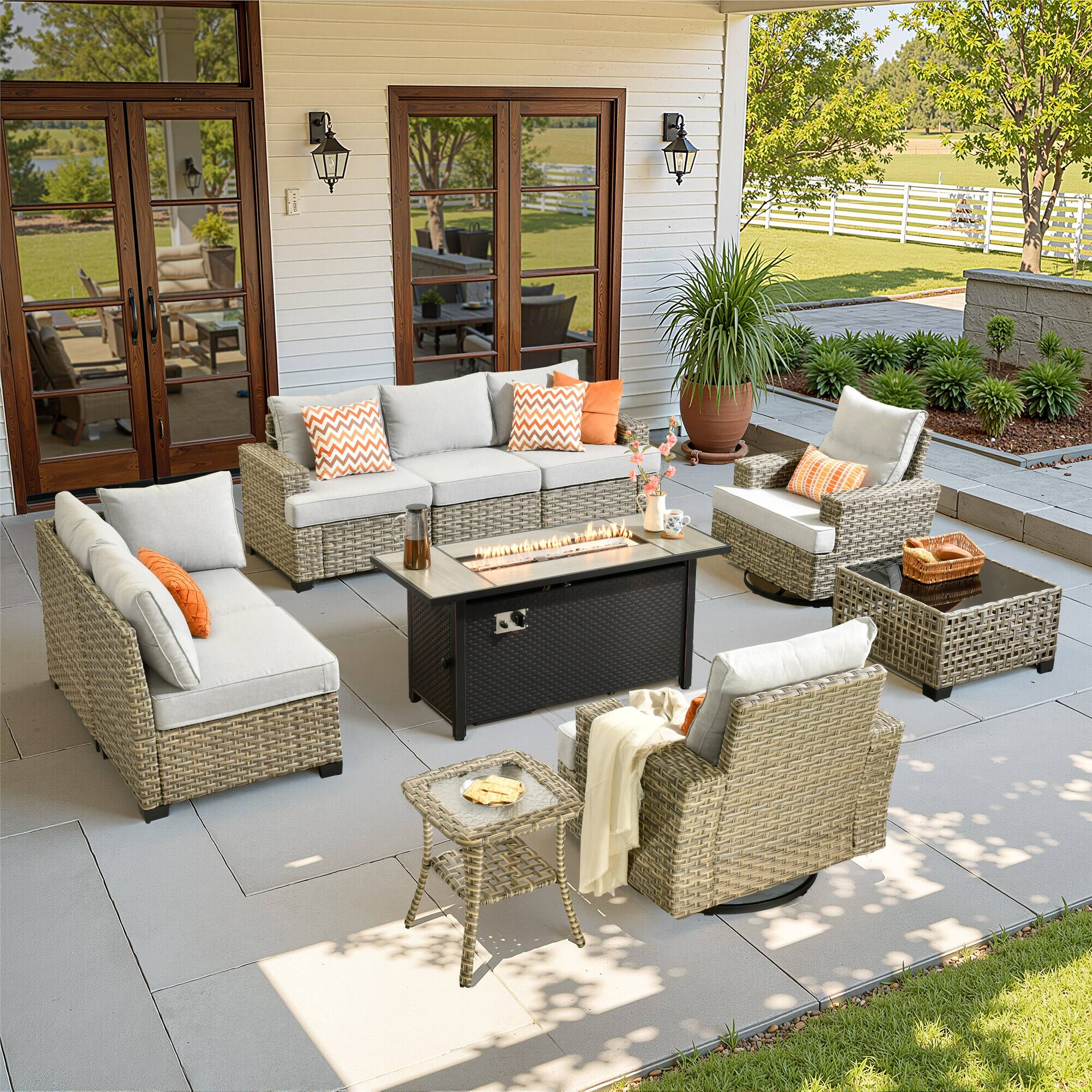 Front. Ovios - 10 PCS Patio Furniture Set Sectional Sofa with Swivel Chair, Coffee Table & 54" Fire Pit Table - Gray.
