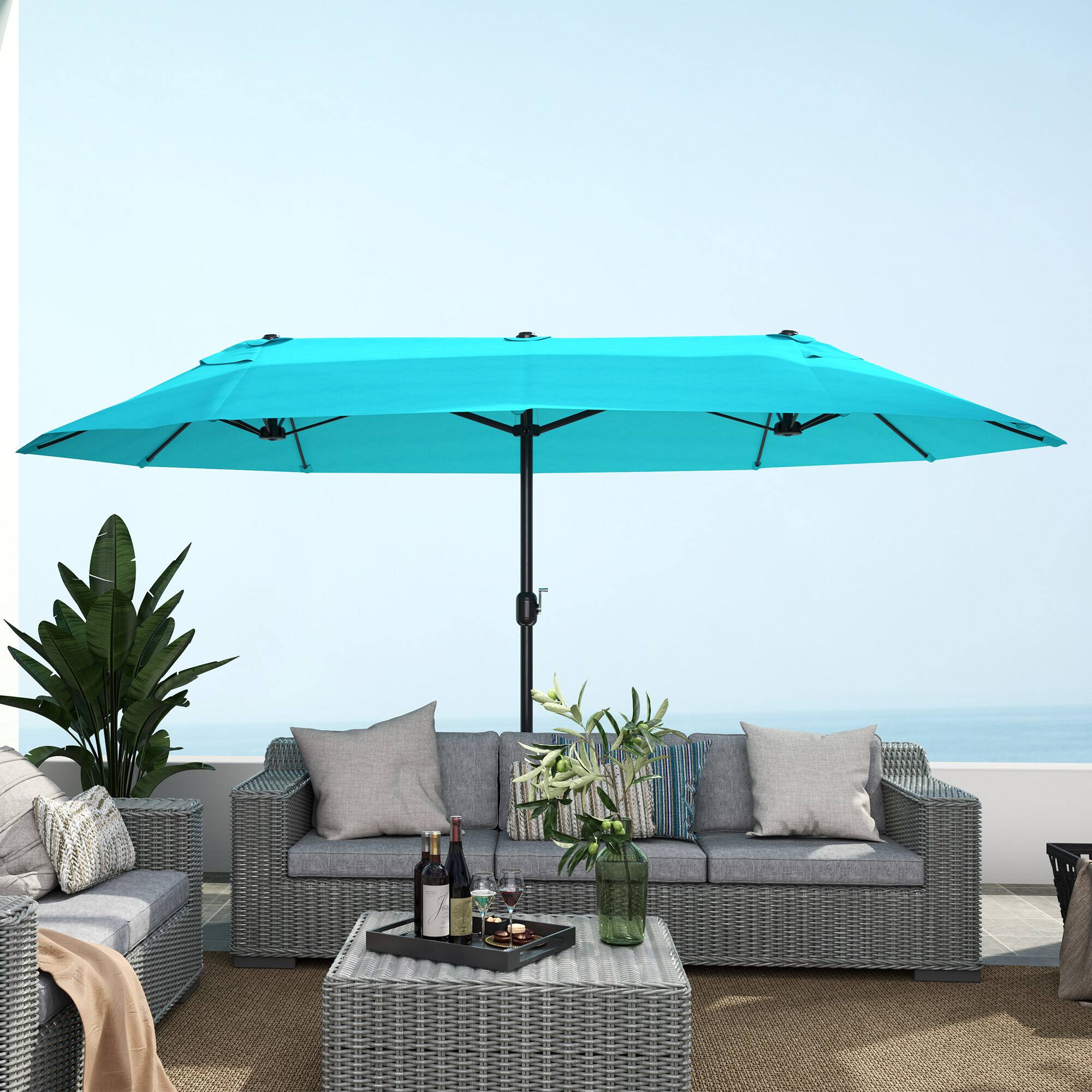 Alt View 4. Outsunny - Extra Large 15 ft Patio Umbrella, Double-Sided Large Outdoor Umbrella with Crank Handle and Air Vents for Backyard - Blue.