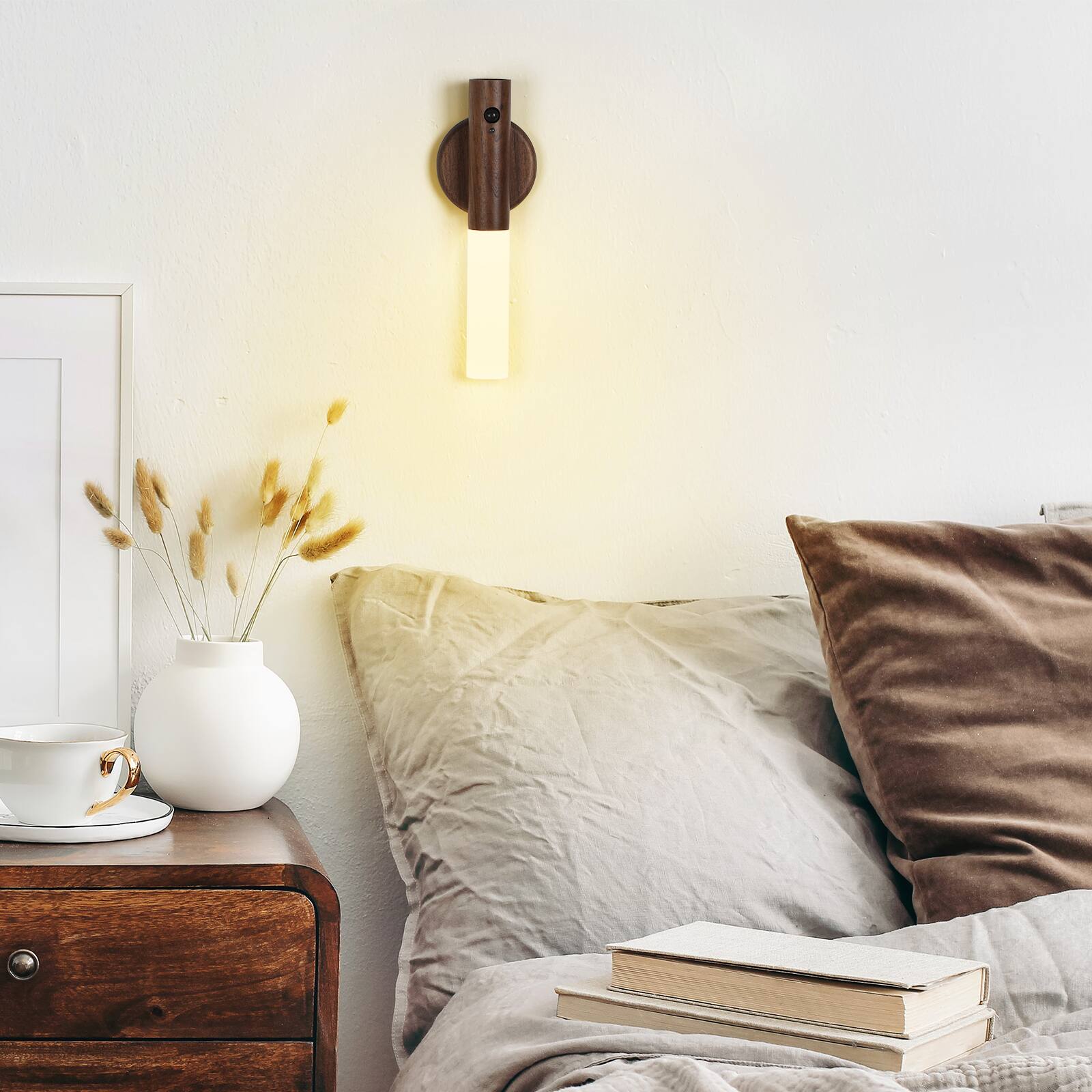 Alt View 2. Oumilen - 2 Pack Motion Sensor LED Wall Sconce – Rechargeable Magnetic Wood Wall Light.