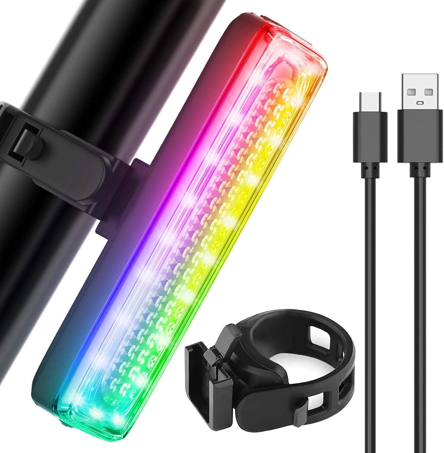 FINEAK - USB-C Rechargeable Rainbow Bike Tail Light | 7 Colors, 14 Modes, Waterproof - Multicolor