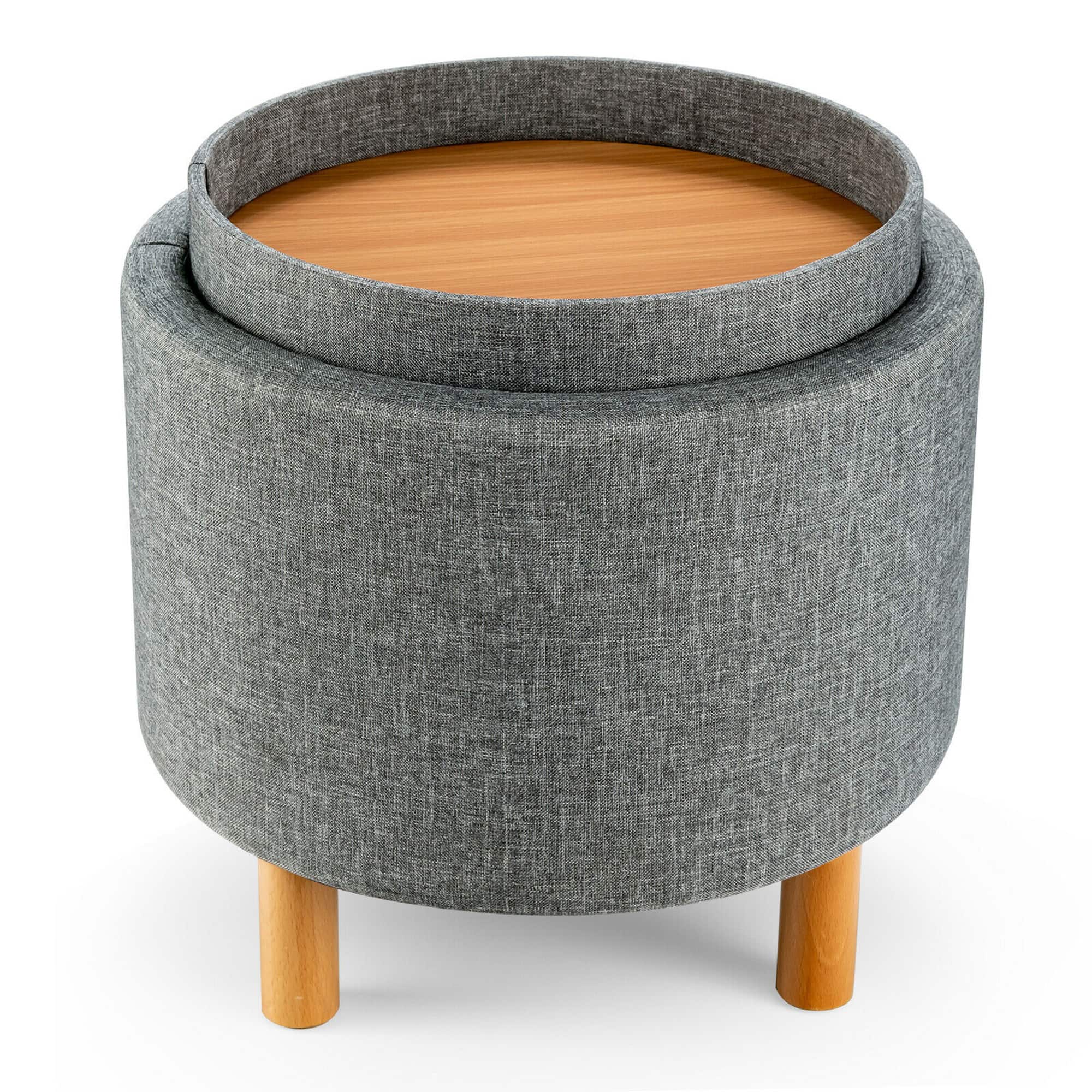 Gymax - Round Storage Ottoman w/Tray Top Accent Padded Footrest w/Wood Legs Grey - Gray