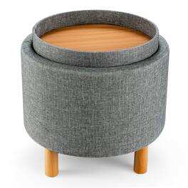 Costway - Round Storage Ottoman w/Tray Top Accent Padded Footrest w/Wood Legs - Gray