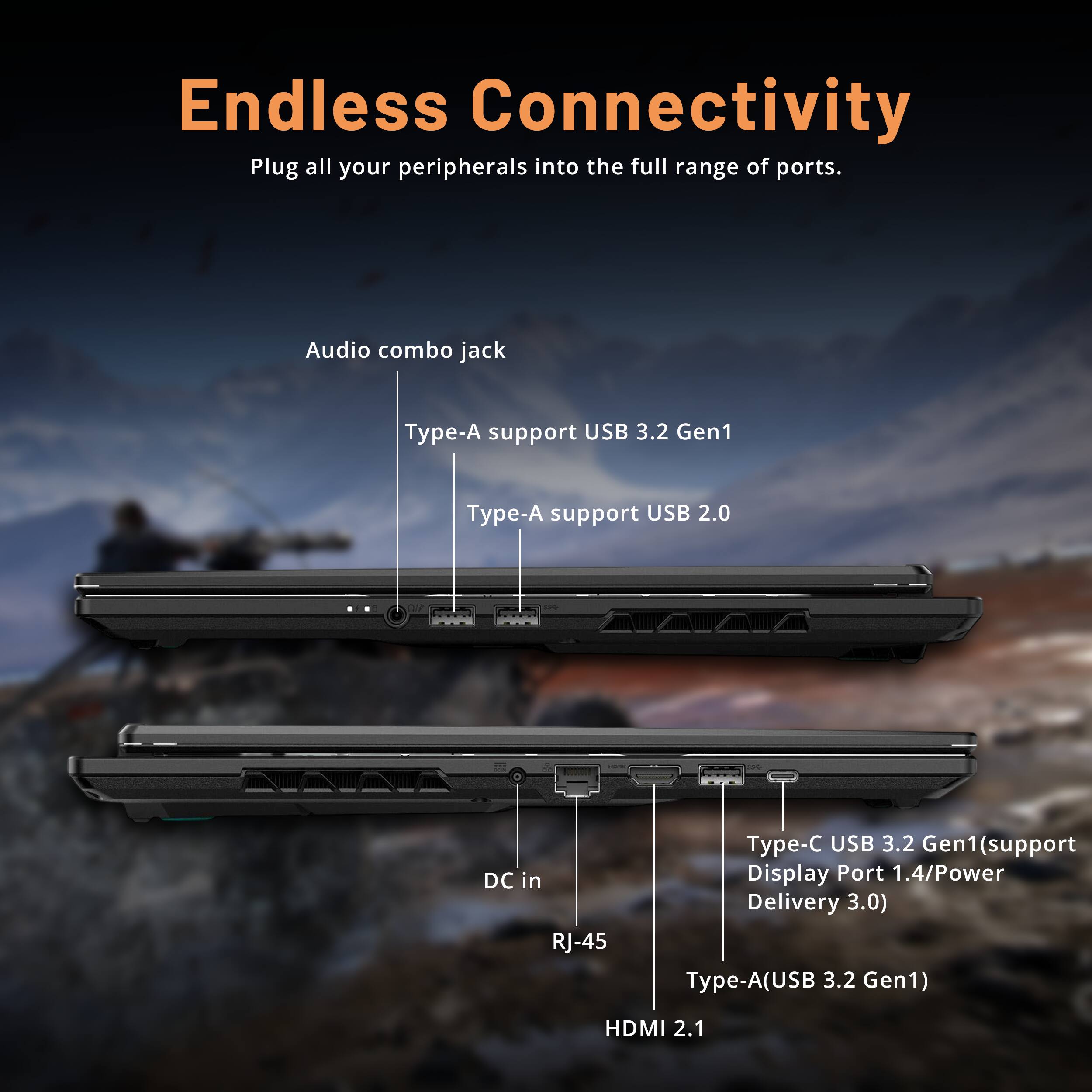 Endless Connectivity  
Plug all your peripherals into the full range of ports.

- Audio combo jack
- Type-A support USB 3.2 Gen1
- Type-A support USB 2.0
- DC in
- RJ-45
- Type-C USB 3.2 Gen1 (support Display Port 1.4/Power Delivery 3.0)
- Type-A (USB 3.2 Gen1)
- HDMI 2.1