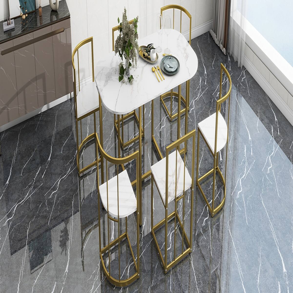 Angle. Loheer - Loheer 7 Piece Dining Set for 6, 53.5 Inch Faux Marble White Table, Modern Black and Gold Chairs - Black and Faux Marble White.