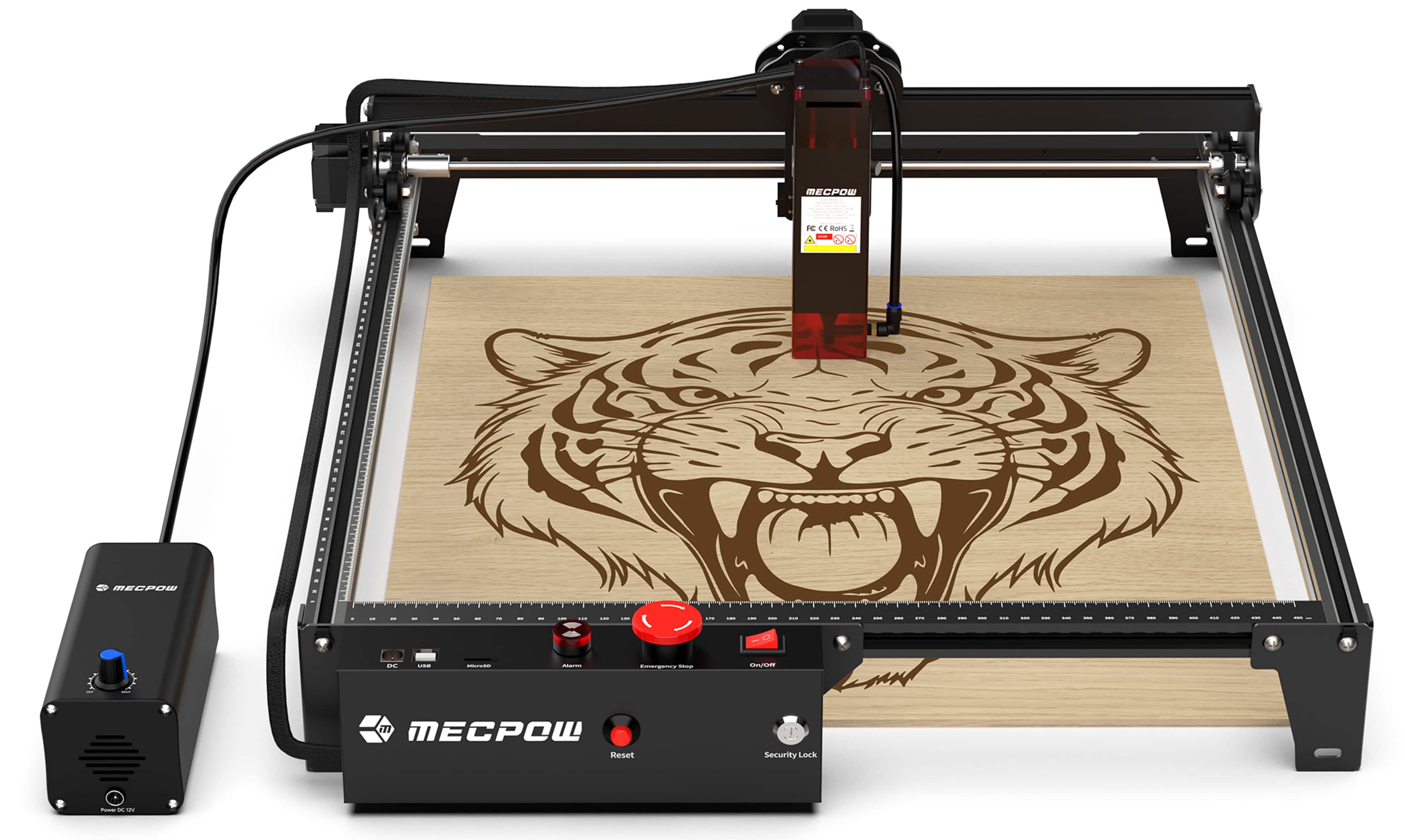 The image shows a machine with a tiger carving on a wooden surface. The machine is a MECPOW carving machine, which is used to create intricate designs on wood. The tiger carving is the result of the machine's work, showcasing its capabilities in crafting detailed patterns.