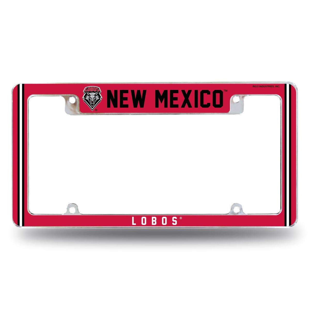 New Mexico Lobos Chrome Metal License Plate Frame with Full Frame Team Color Graphics