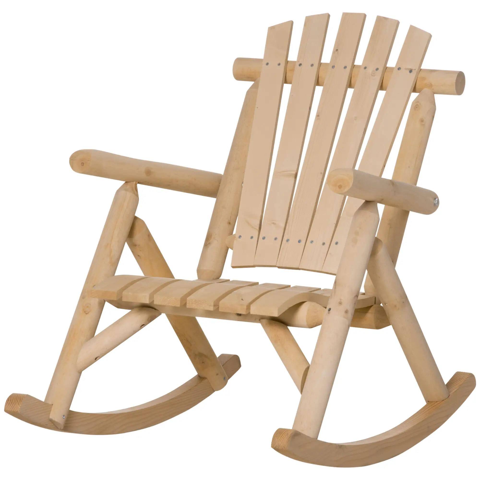 Angle. Resenkos - Resenkos Adirondack Single-Person Rocking Chair, Natural Slatted Seat, High-Back, Armrests, Natural Wood - Natural Wood.