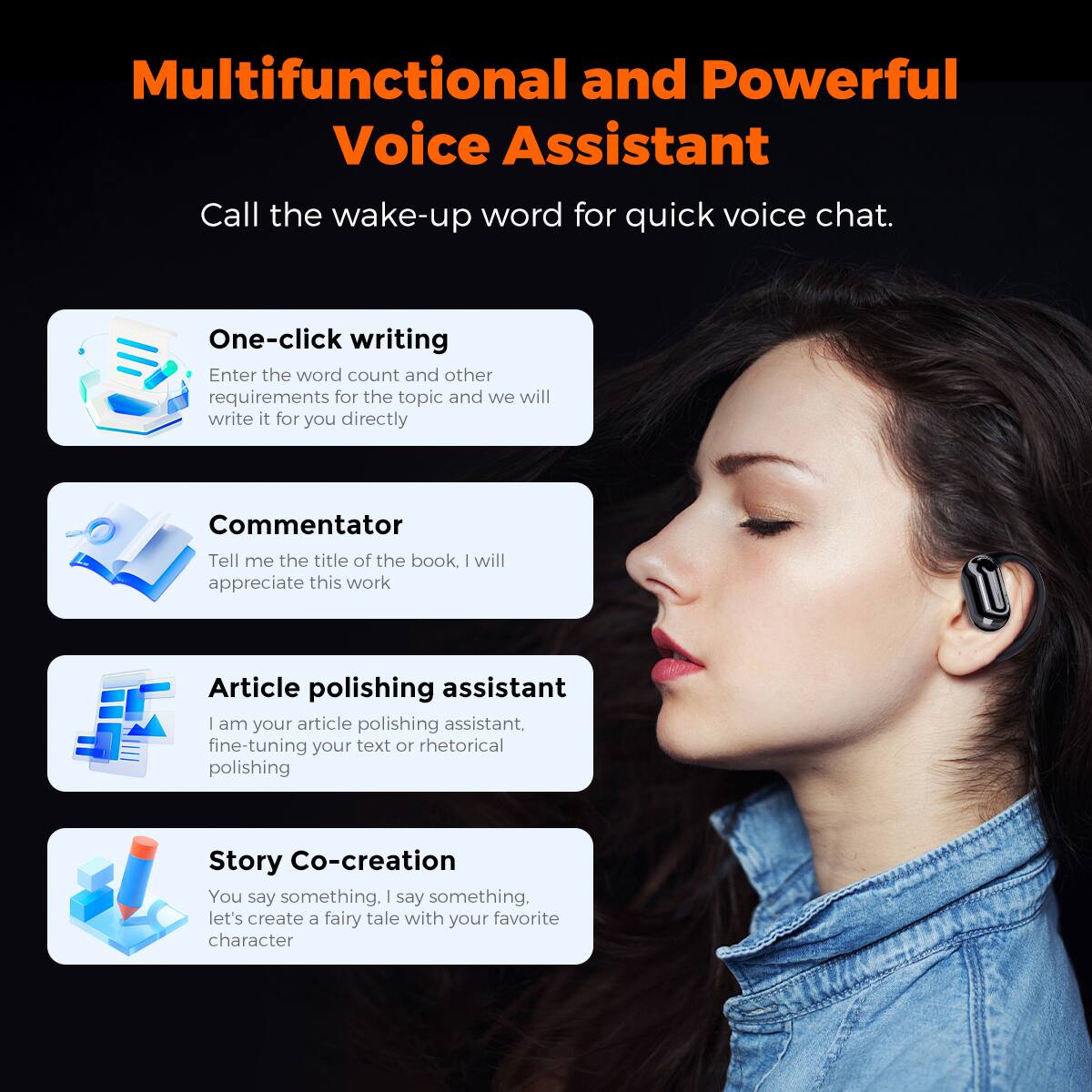 Multifunctional and Powerful Voice Assistant
Call the wake-up word for quick voice chat.

One-click writing
Enter the word count and other requirements for the topic and we will write it for you directly

Commentator
Tell me the title of the book. I will appreciate this work

Article polishing assistant
I am your article polishing assistant. fine-tuning your text or rhetorical polishing

Story Co-creation
You say something. I say something. let's create a fairy tale with your favorite character