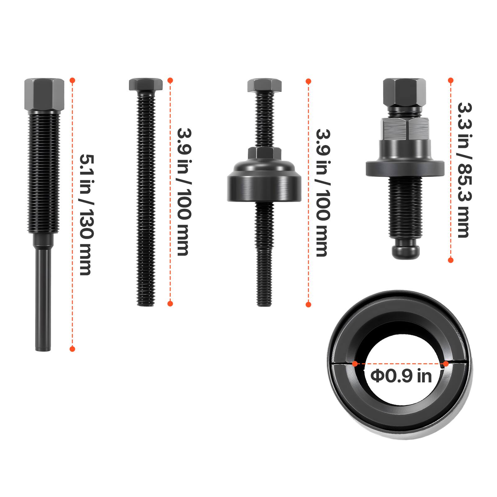 5.1 in / 130 mm  
3.9 in / 100 mm  
3.9 in / 100 mm  
3.3 in / 85.3 mm  
0.9 in