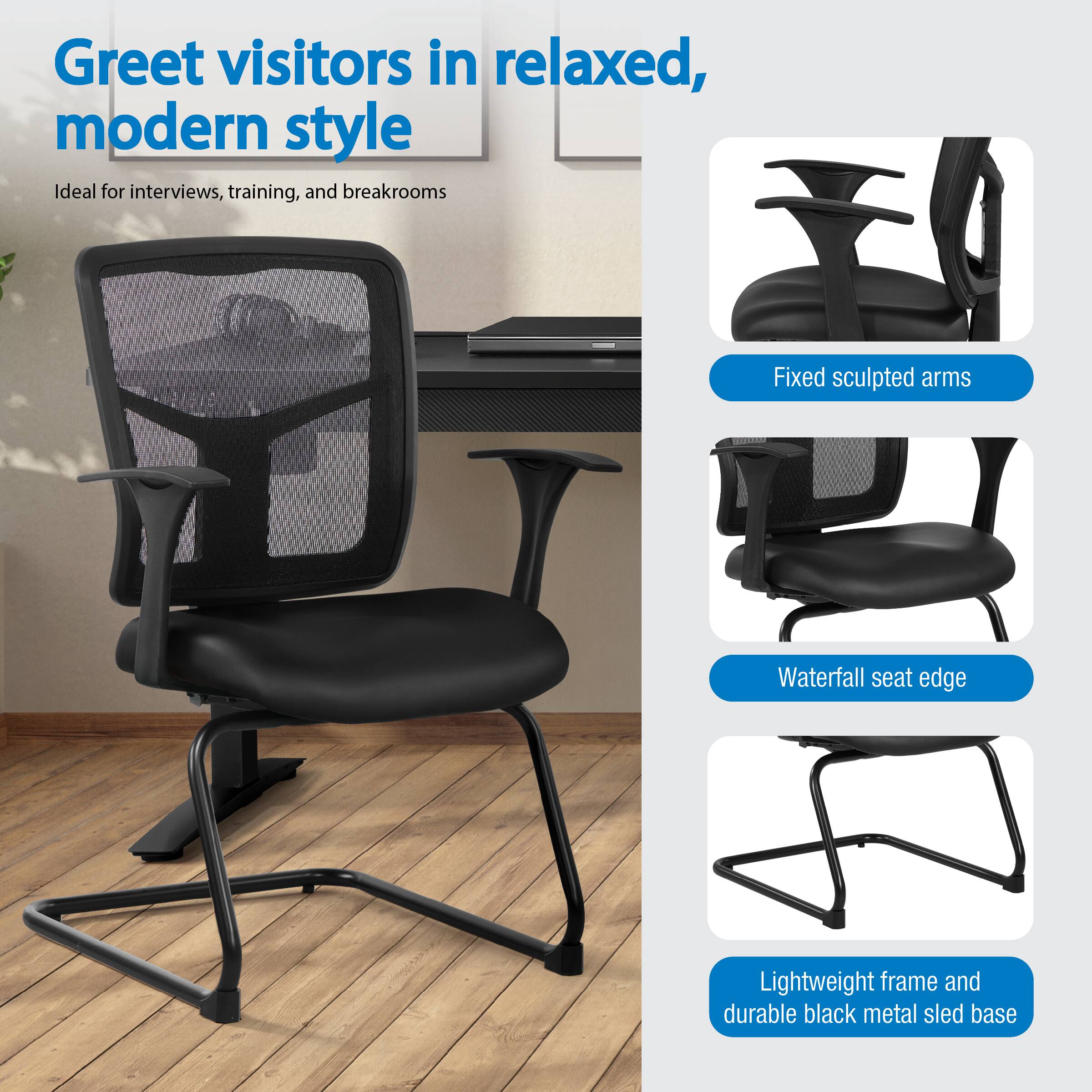 Greet visitors in relaxed, modern style  
Ideal for interviews, training, and breakrooms  

- Fixed sculpted arms  
- Waterfall seat edge  
- Lightweight frame and durable black metal sled base