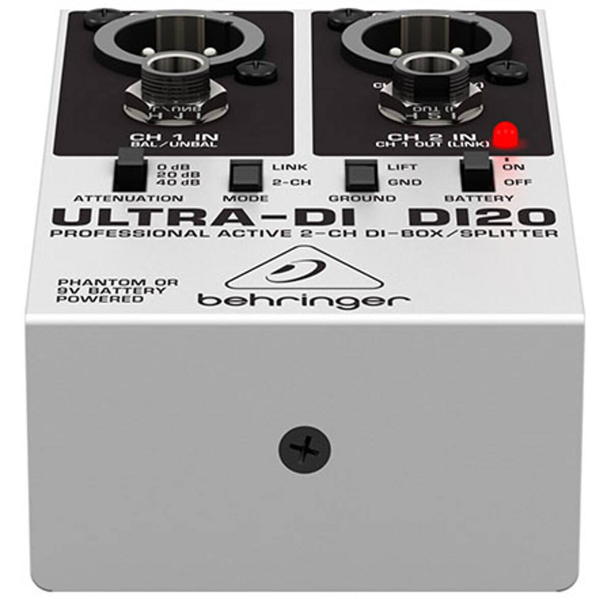 NO/1 HJI  
TUO  
CH 1 IN BAL/UNBAL  
CH 1 OUT (LINK)  
0 dU 20 dB 40 dB  
LINK 2-CH  
LIFT GND  
ON OFF  
ATTENUATION MODE GROUND BATTERY  
ULTRA-DI DI20 PROFESSIONAL ACTIVE 2-CH BOX/SPLITTER  
PHANTOM OR 9V BATTERY POWERED  
behringer