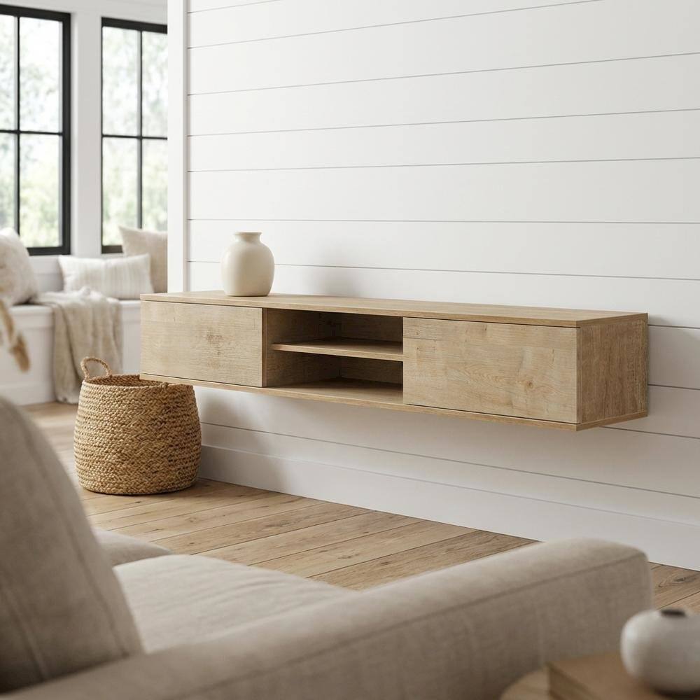 Alt View 1. FurniFact - Brown floating TV stand with wall-mounted design and spacious storage - Brown.