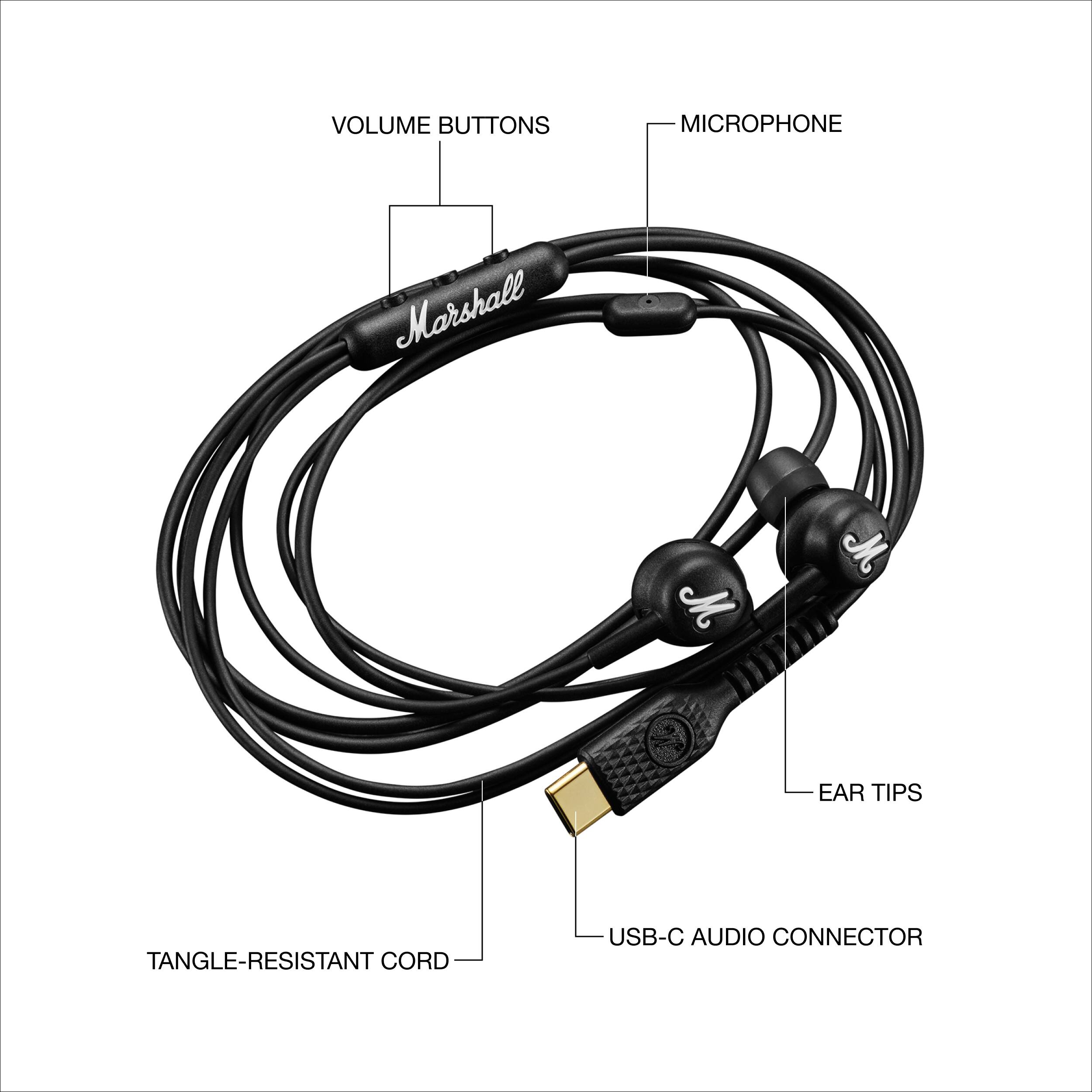 - VOLUME BUTTONS
- MICROPHONE
- MARSHALL M M
- EAR TIPS
- TANGLE-RESISTANT CORD
- USB-C AUDIO CONNECTOR