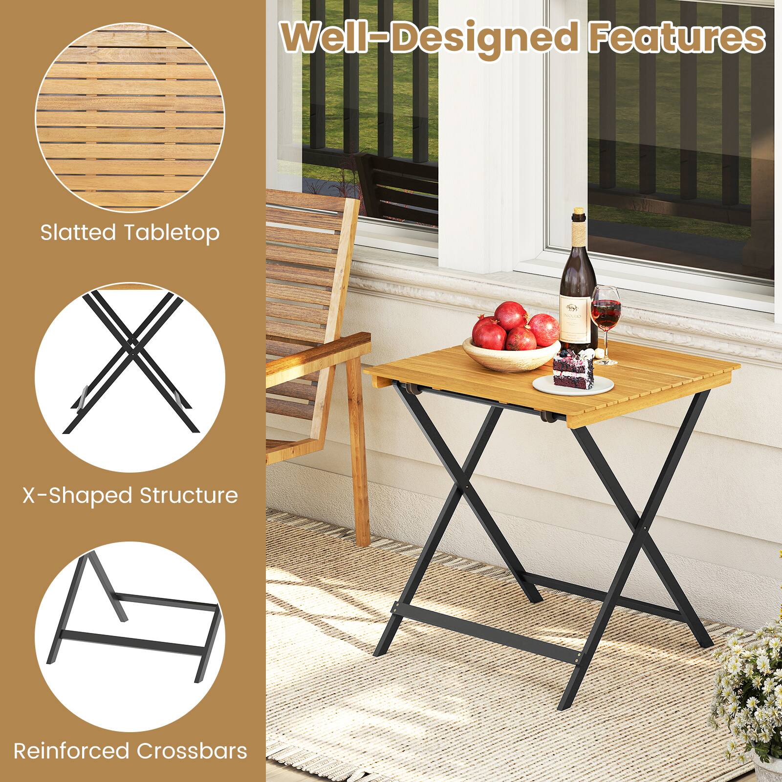 Well-Designed Features

- Slatted Tabletop
- X-Shaped Structure
- Reinforced Crossbars